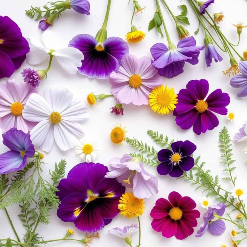 various types of flowers suitable for pressing, including pansies, daisies, and ferns
