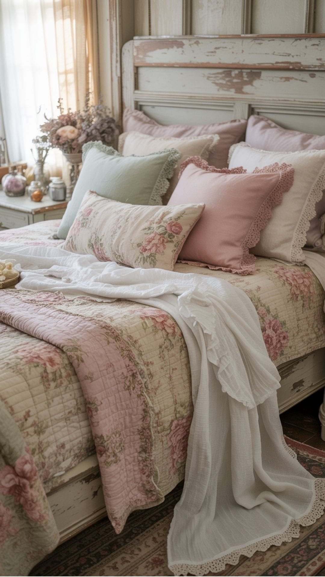 A shabby chic bed with layered vintage floral sheets, ruffled throws, and soft pastel pillows in a cozy bedroom setting.