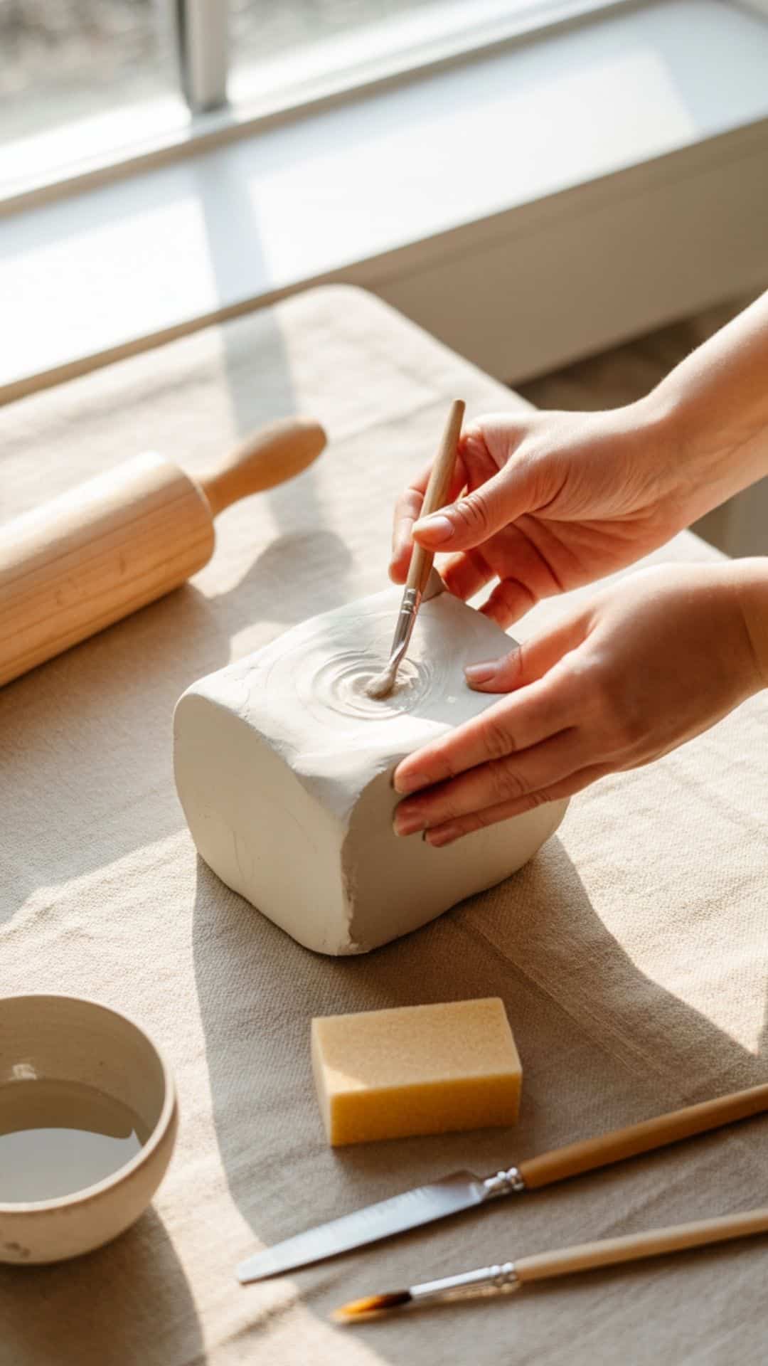 A smooth block of white air-dry clay rests on a neutral linen-covered table. Nearby are simple, everyday tools: a wooden rolling pin, a small ceramic bowl of water, a craft knife, a soft sponge, and a paintbrush