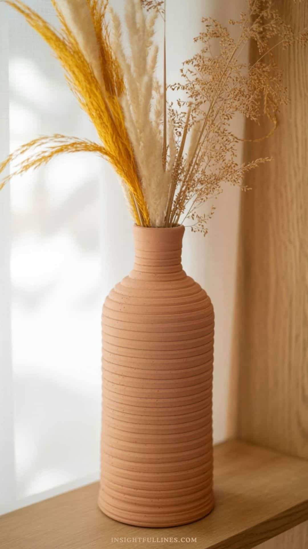 Air dry clay coil-built bottle vase with textured ridges, styled with dried grasses on a wooden shelf