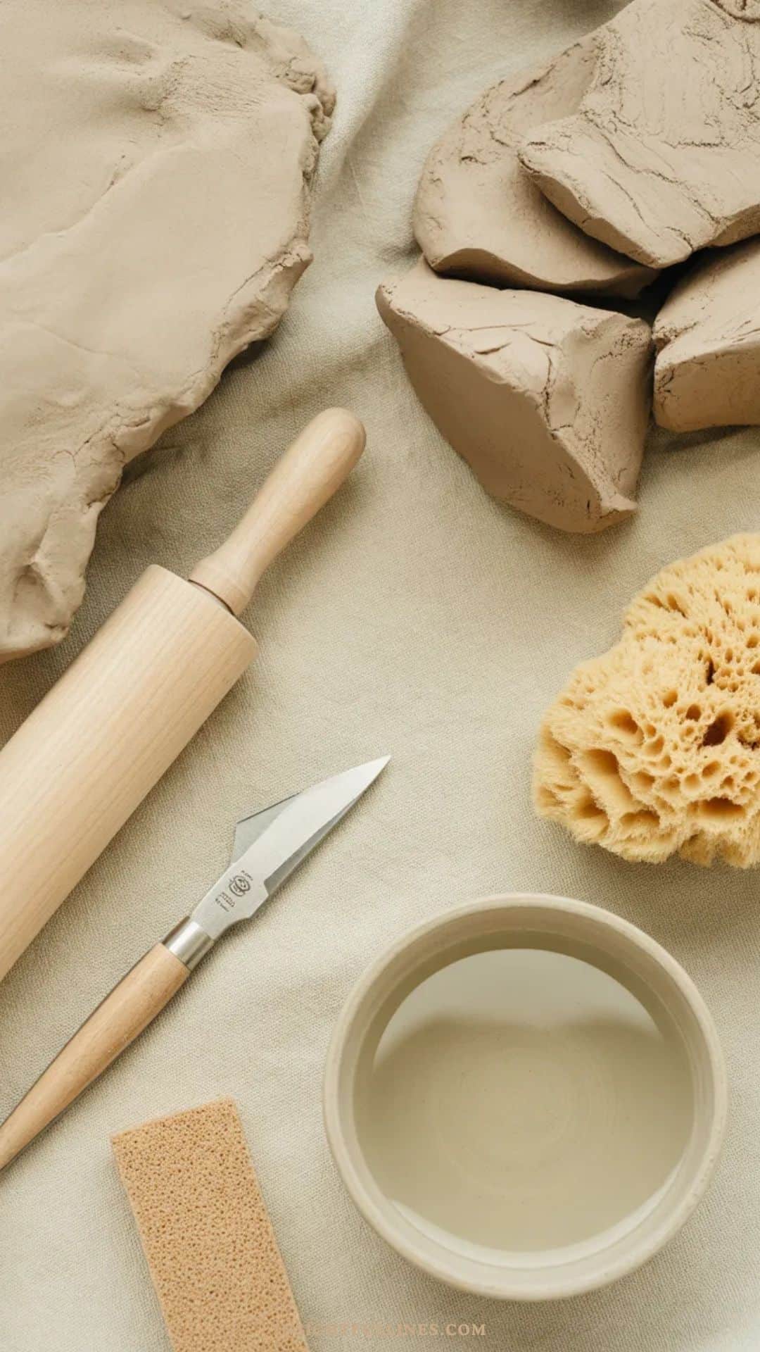 air dry clay, rolling pin, craft knife, bowl of water, sponge, and sandpaper on a linen background
