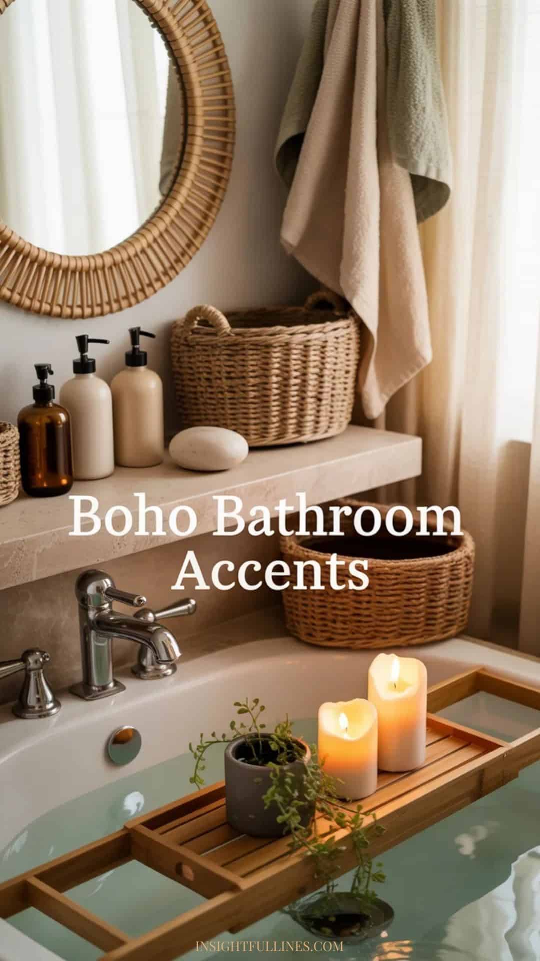 Boho bathroom with woven baskets, rattan mirror, ceramic accessories, amber glass bottles, textured towels, plants, and warm natural light.