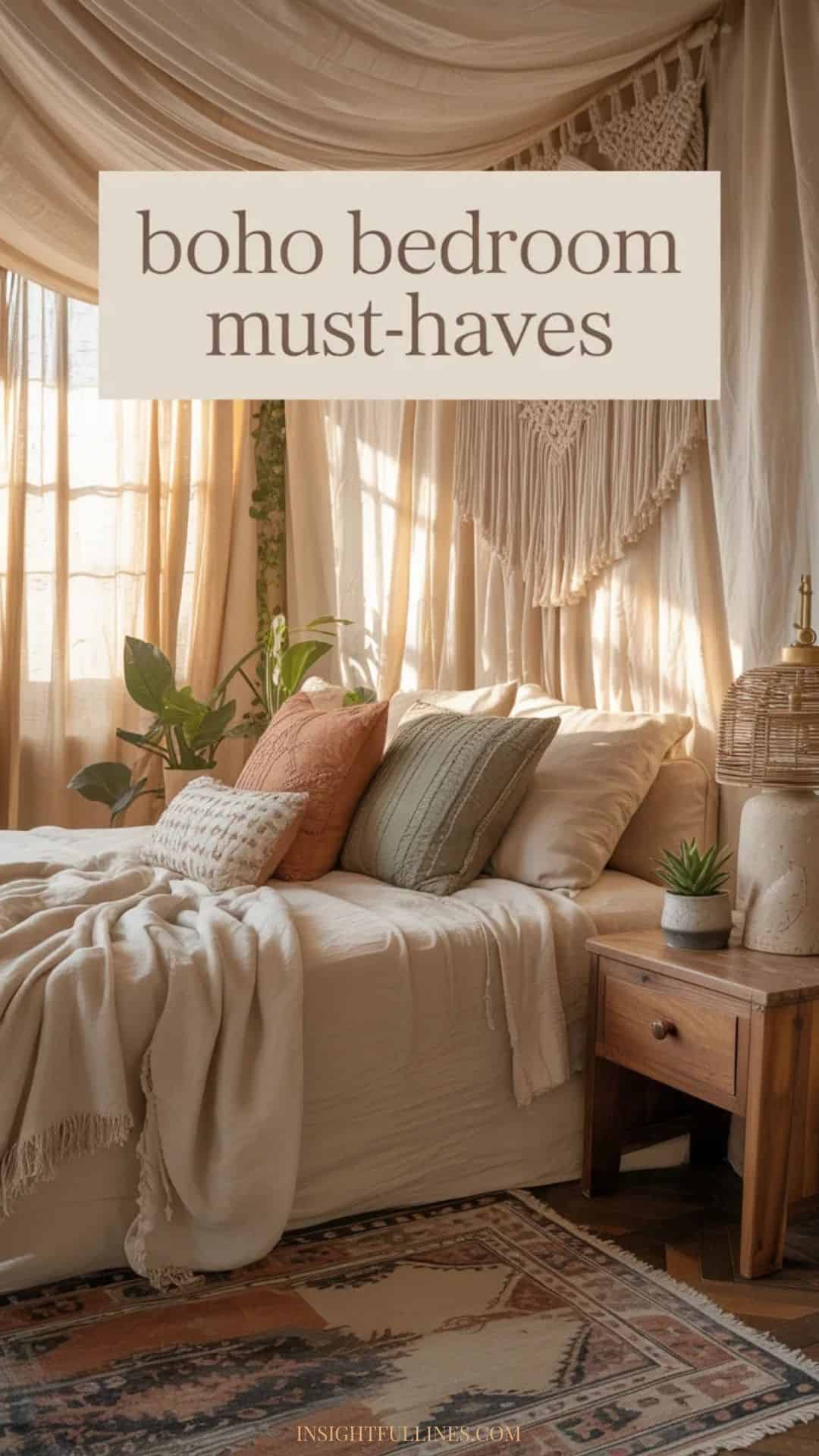 Boho bedroom with a canopy bed, linen bedding, layered pillows, vintage rug, macramé wall decor, wooden bedside table, and soft natural light creating a calm, cozy atmosphere.