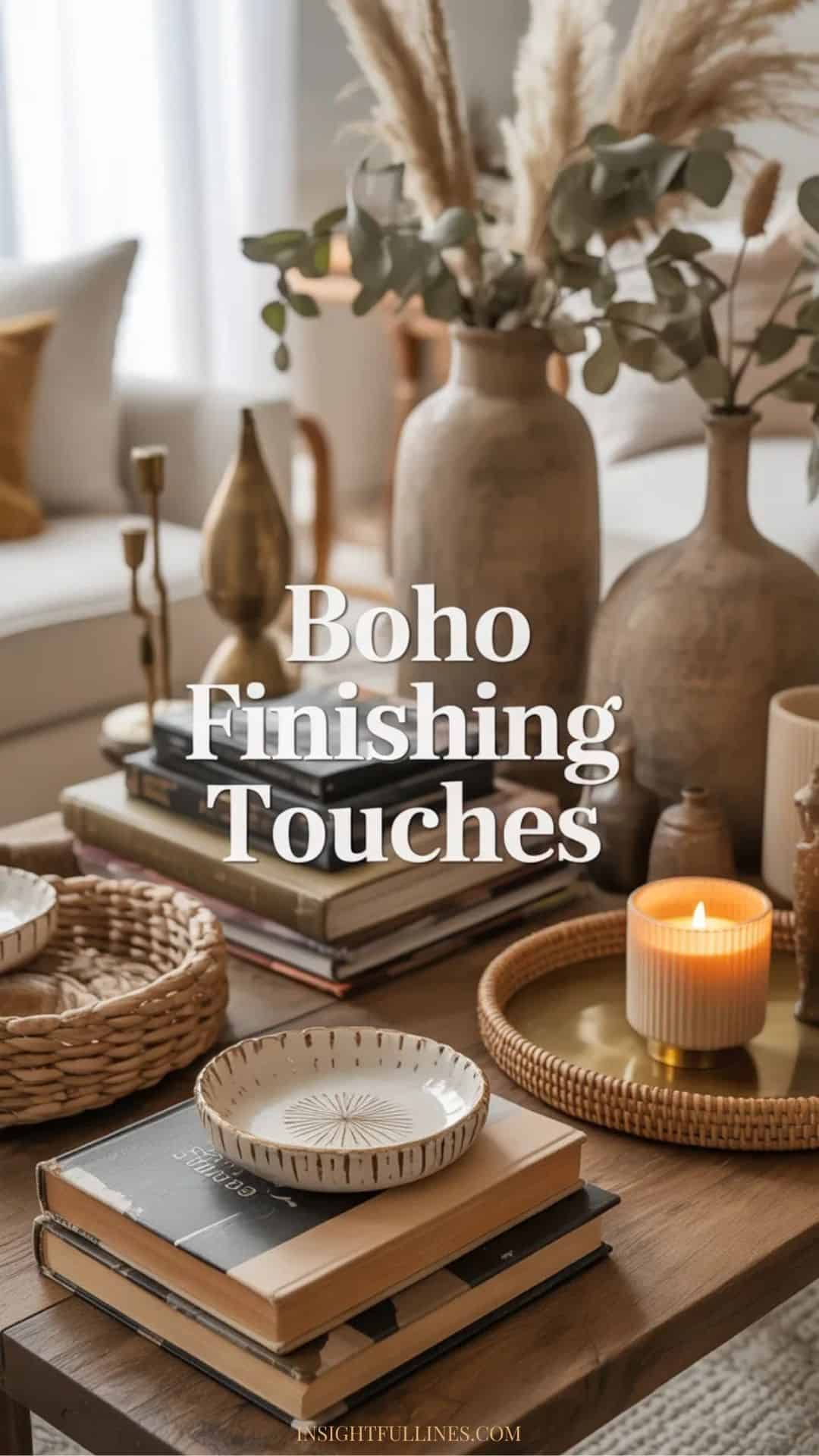 Boho styling vignette with stacked books, ceramic trinket dishes, handmade vases, dried botanicals, artisan candles, textured decor, and personal collected items.
