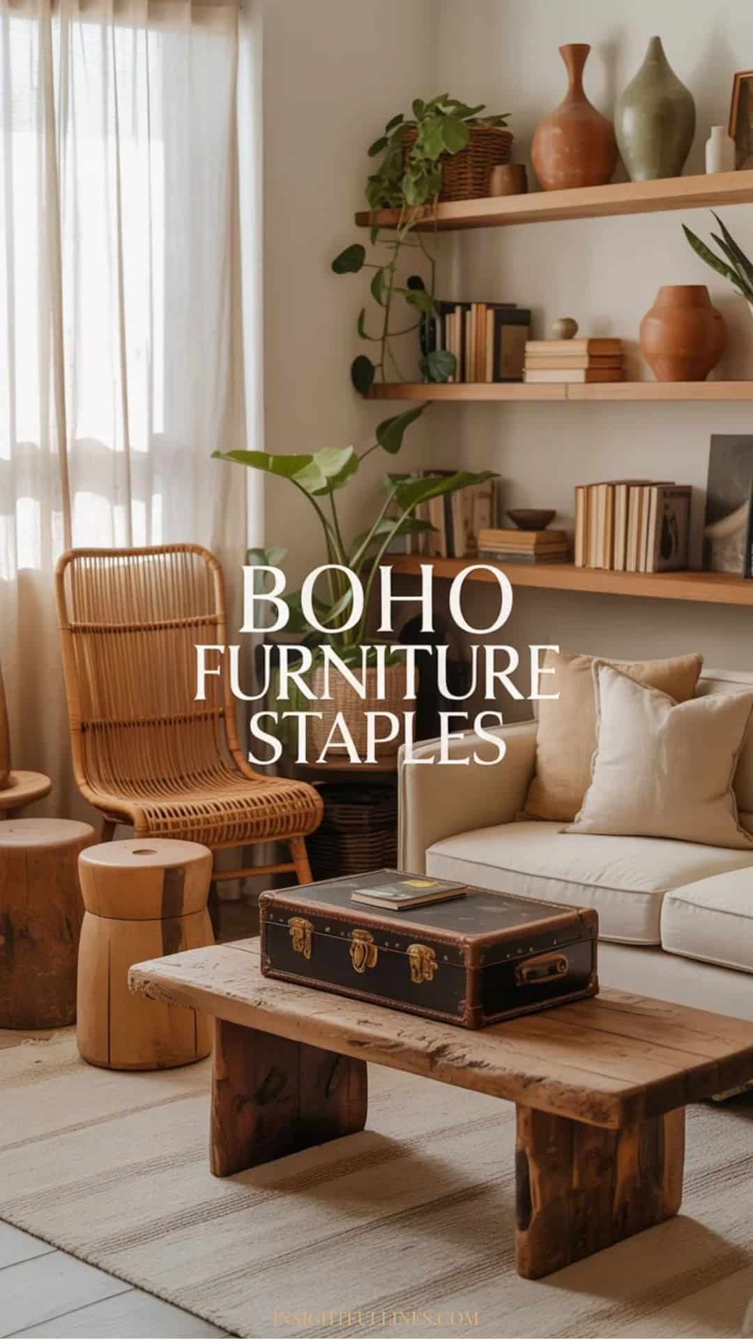 Boho furniture including rattan chairs, low seating, carved wooden stools, distressed wood table, woven ottoman, vintage trunk, and open shelving in a warm, light-filled room.