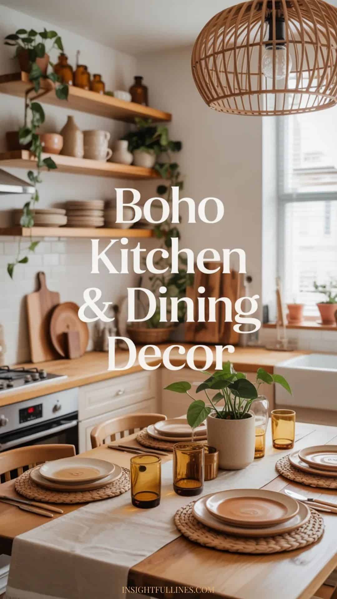 Boho kitchen and dining area with open wooden shelves, ceramic dishware, linen table runner, woven placemats, wooden serving boards, plants, and warm natural light.