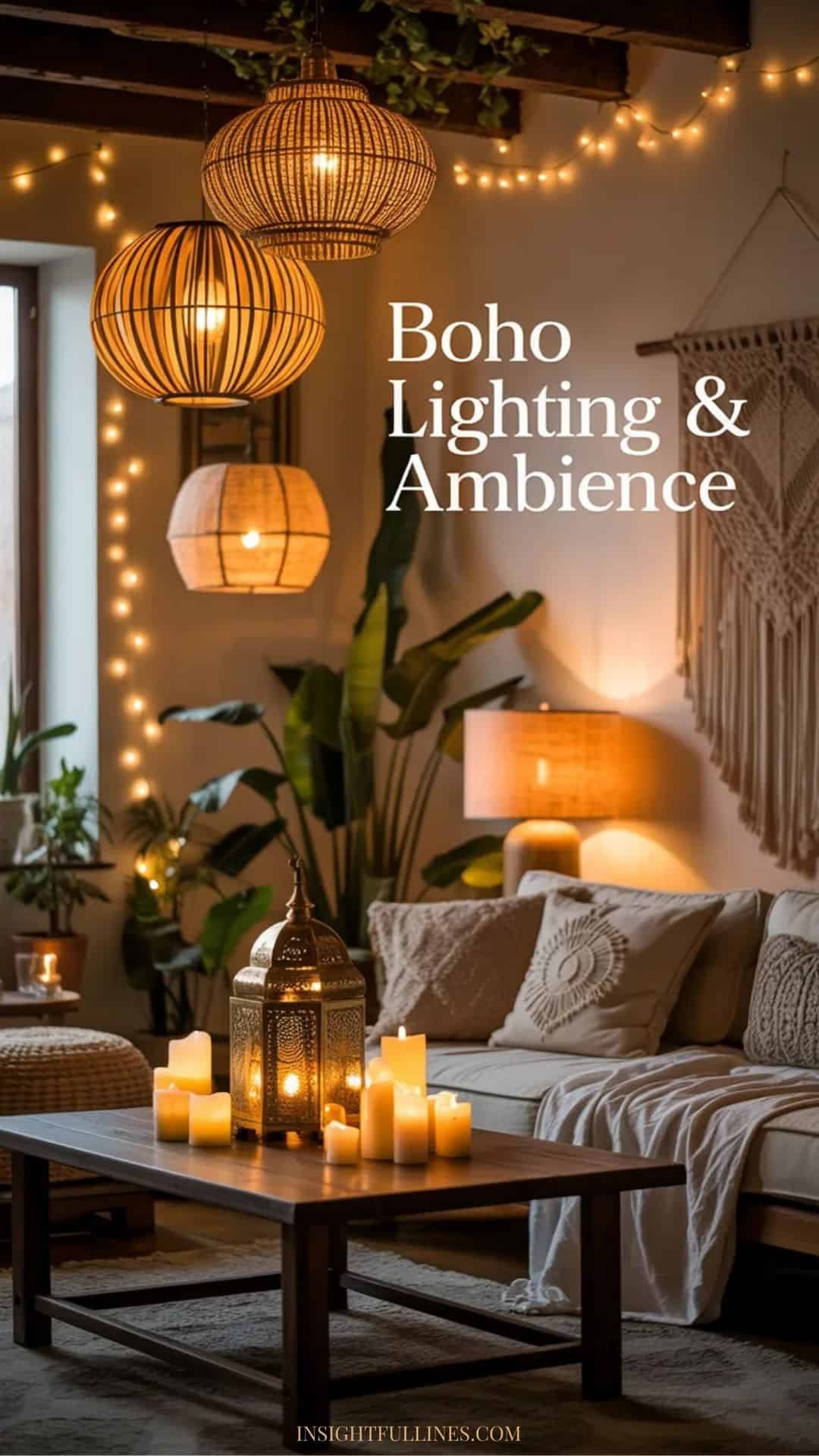 Boho interior with Moroccan lanterns, woven pendant lights, table lamps, fairy lights, candles, and warm ambient lighting creating a cozy, relaxed atmosphere.