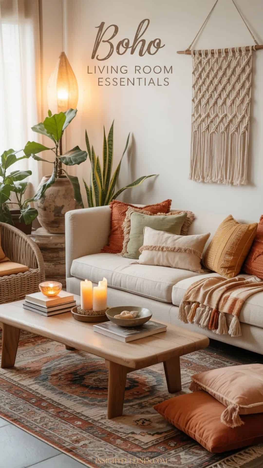 Cozy boho living room with a low-profile linen sofa, vintage patterned rug, rattan chairs, layered throw pillows, macramé wall hanging, and lush indoor plants styled with warm natural light.