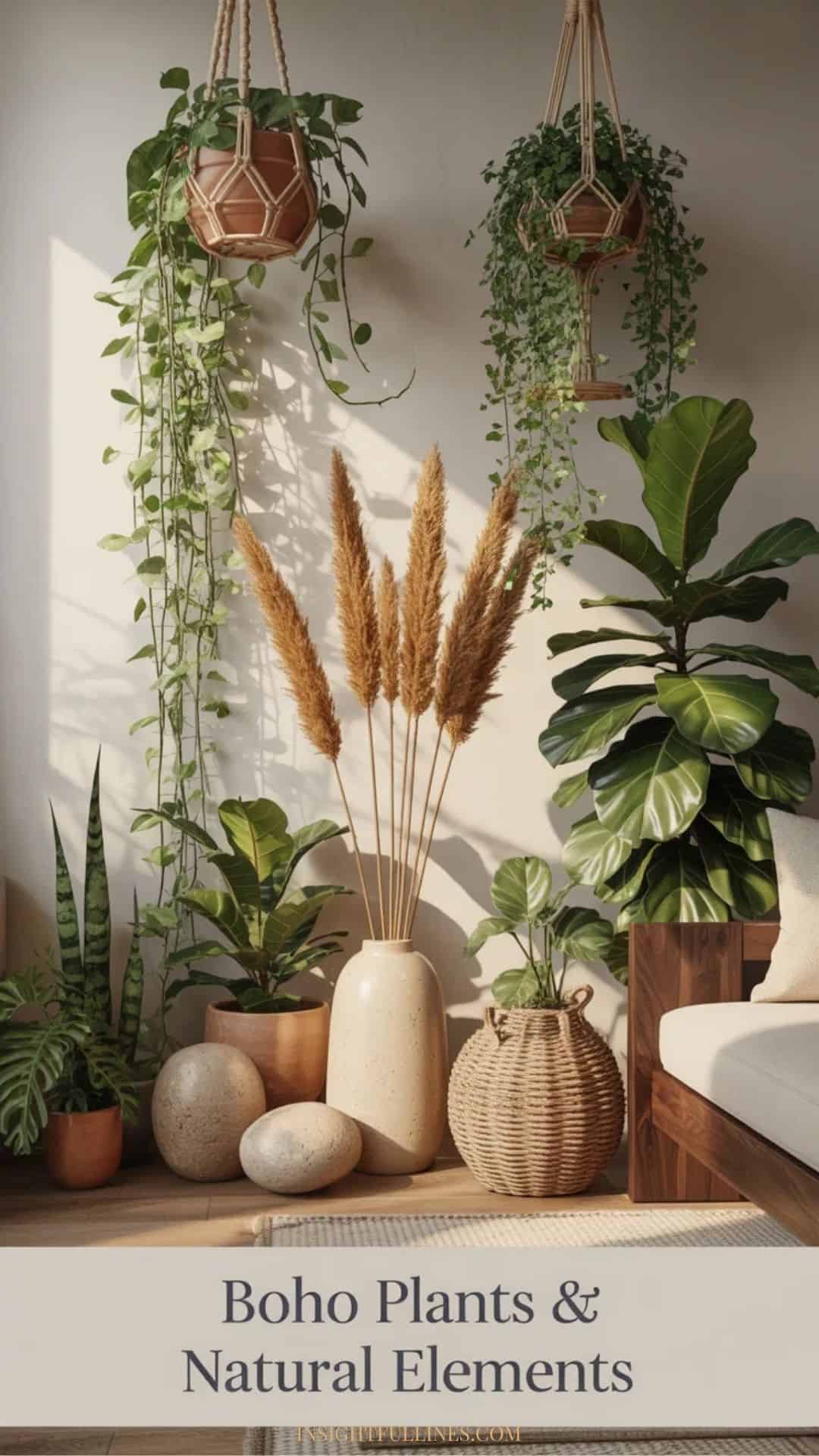 Boho home interior with large indoor plants, hanging greenery, terracotta pots, dried pampas grass, natural wood accents, stone decor, and woven baskets in soft natural light.
