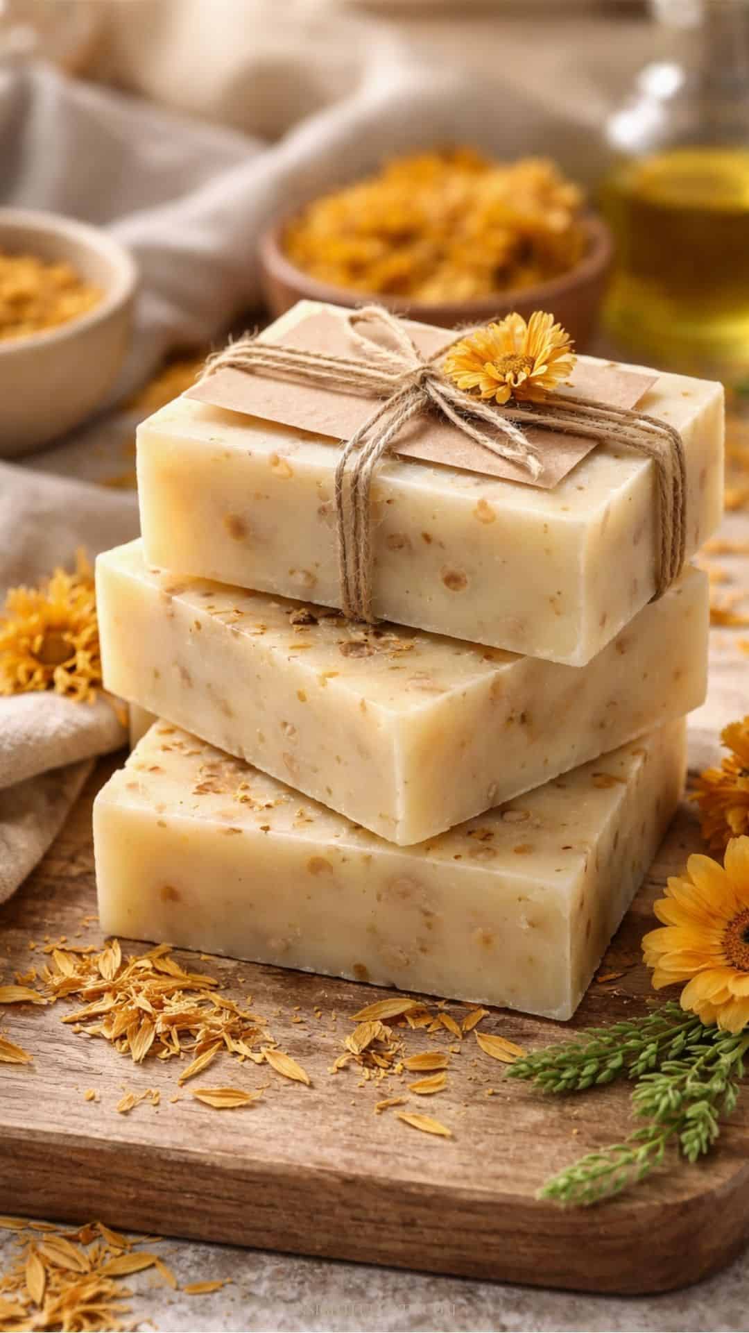 Elegant handmade calendula soap packaged with ribbon and botanical accents, perfect for gifting and dry skin care.