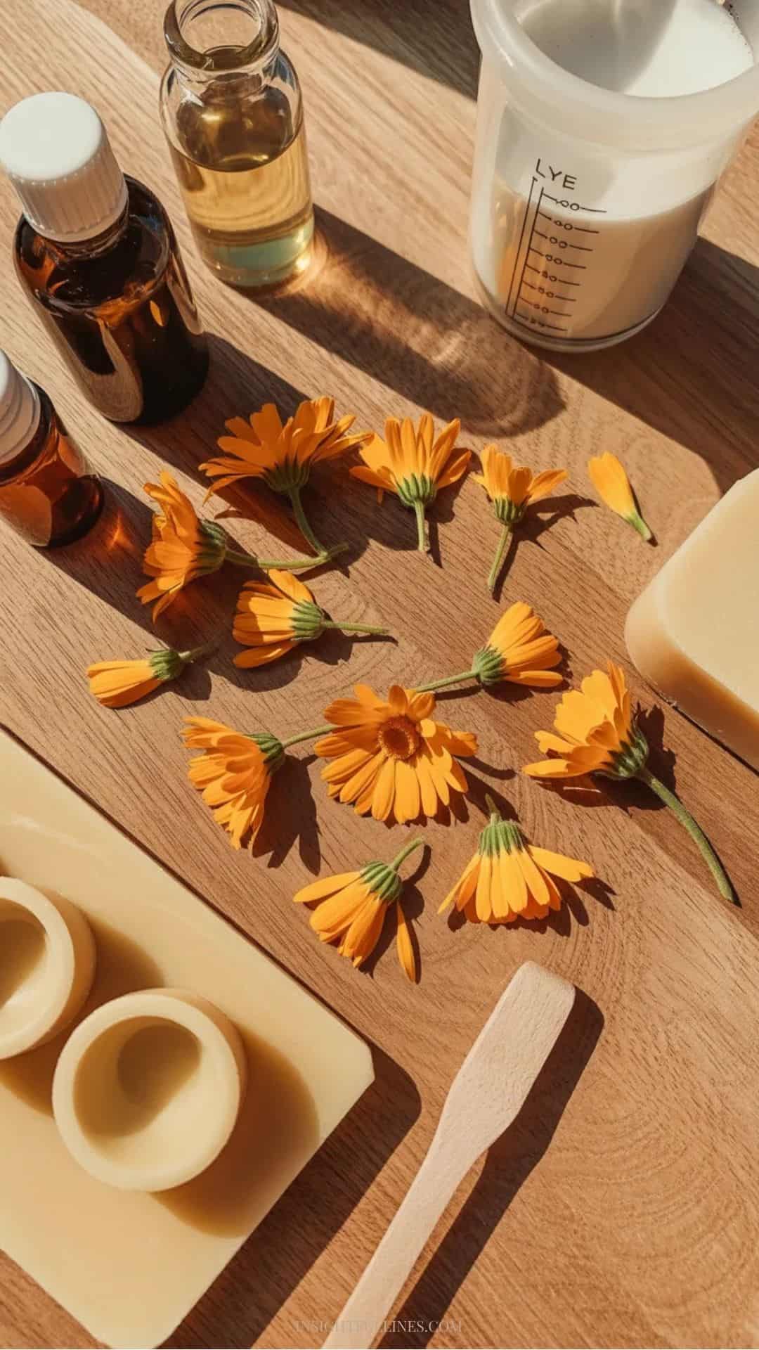 Soap-making materials for calendula soap, featuring nourishing oils, dried calendula petals, and basic tools ready for mixing.