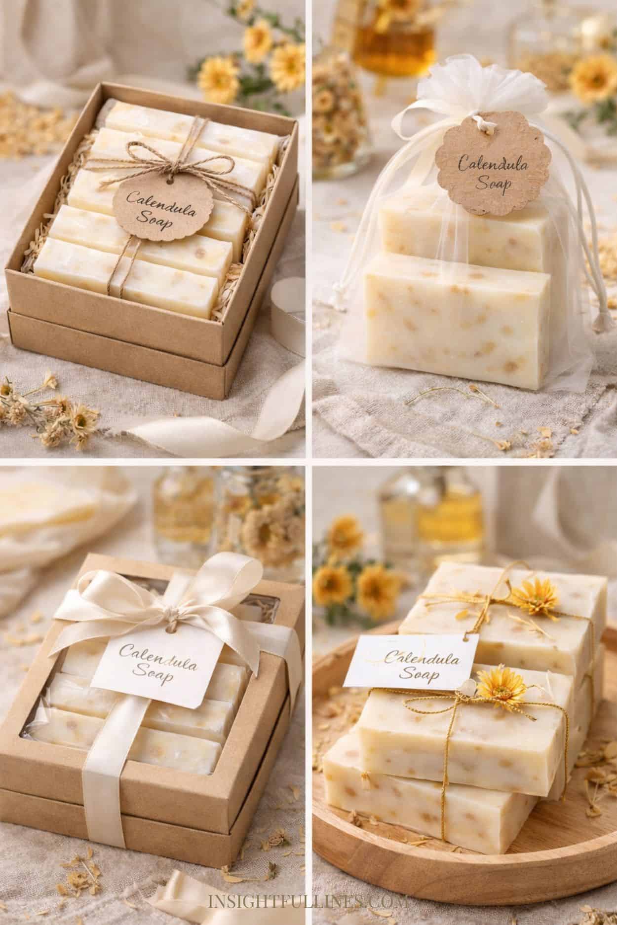 Handmade calendula soap displayed in four different gift-ready packaging styles, including boxes, organza bags, and ribbon-wrapped sets.