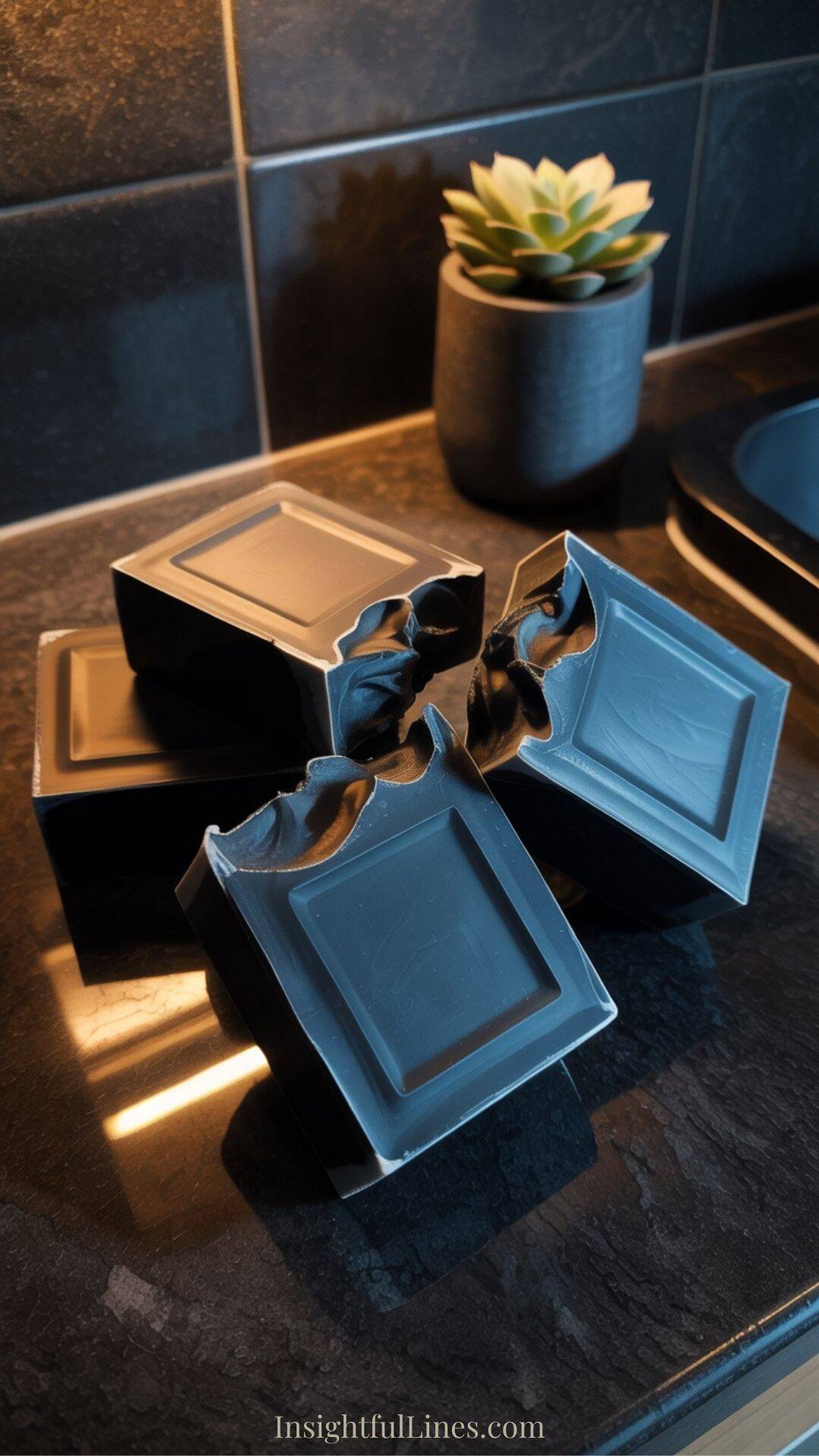 Bold activated charcoal soap bars with sharp edges and a deep black matte finish, styled in a modern bathroom environment.