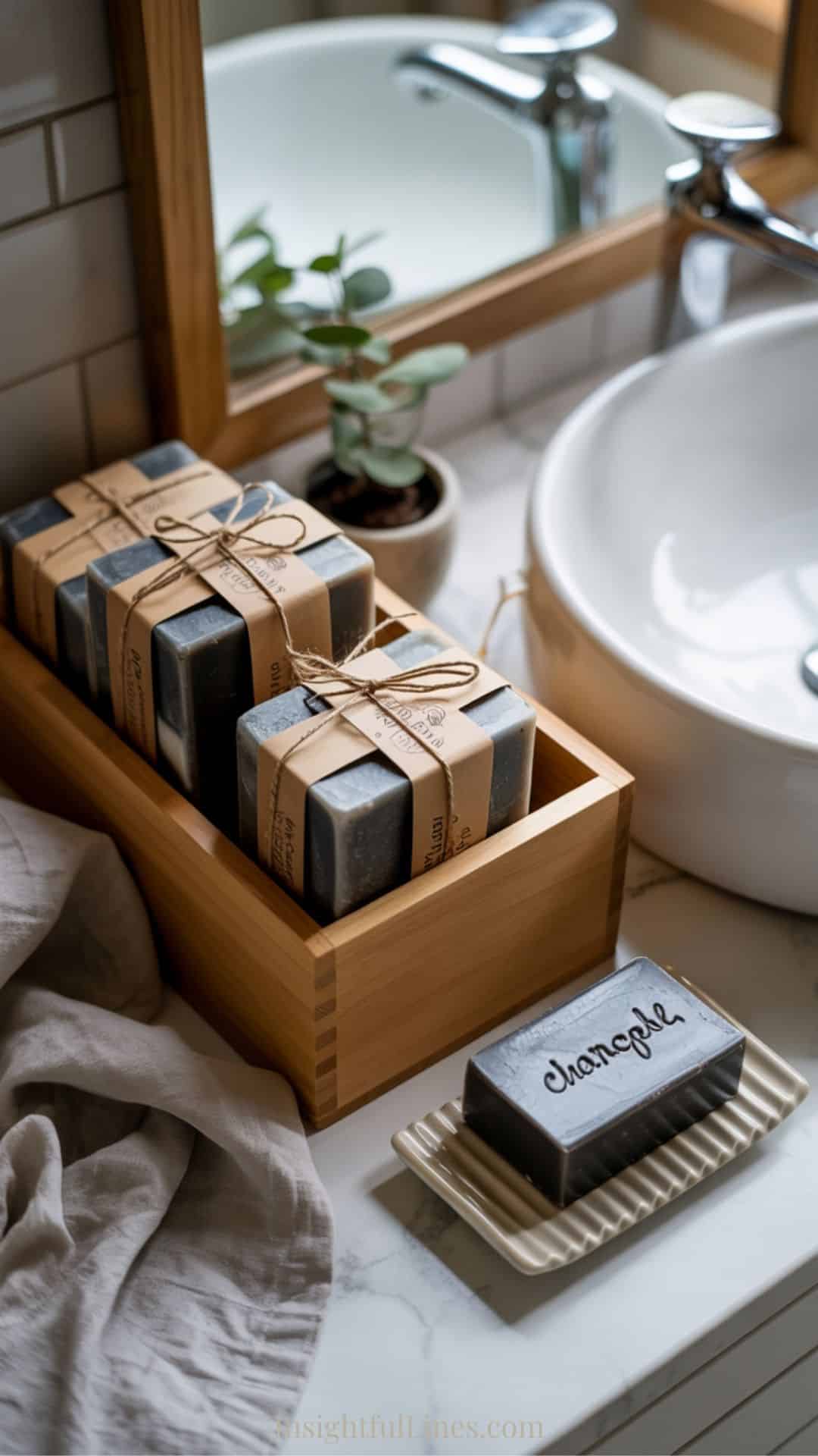 stored charcoal melt and pour soap bars in a clean, organized setting. Several charcoal soap bars are neatly wrapped in clear wrap and kraft paper, arranged inside a shallow wooden storage box