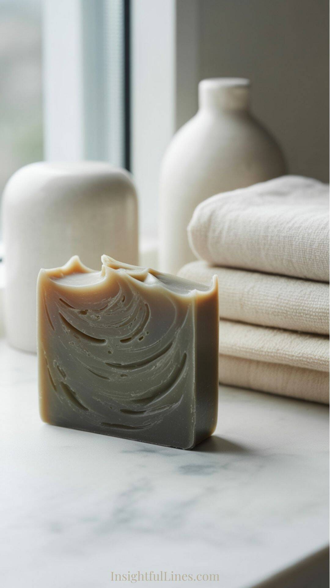 A semi-translucent charcoal melt and pour soap bar photographed at a slight angle near a window. Light passes gently through the soap, revealing smoky grey tones and soft internal depth.