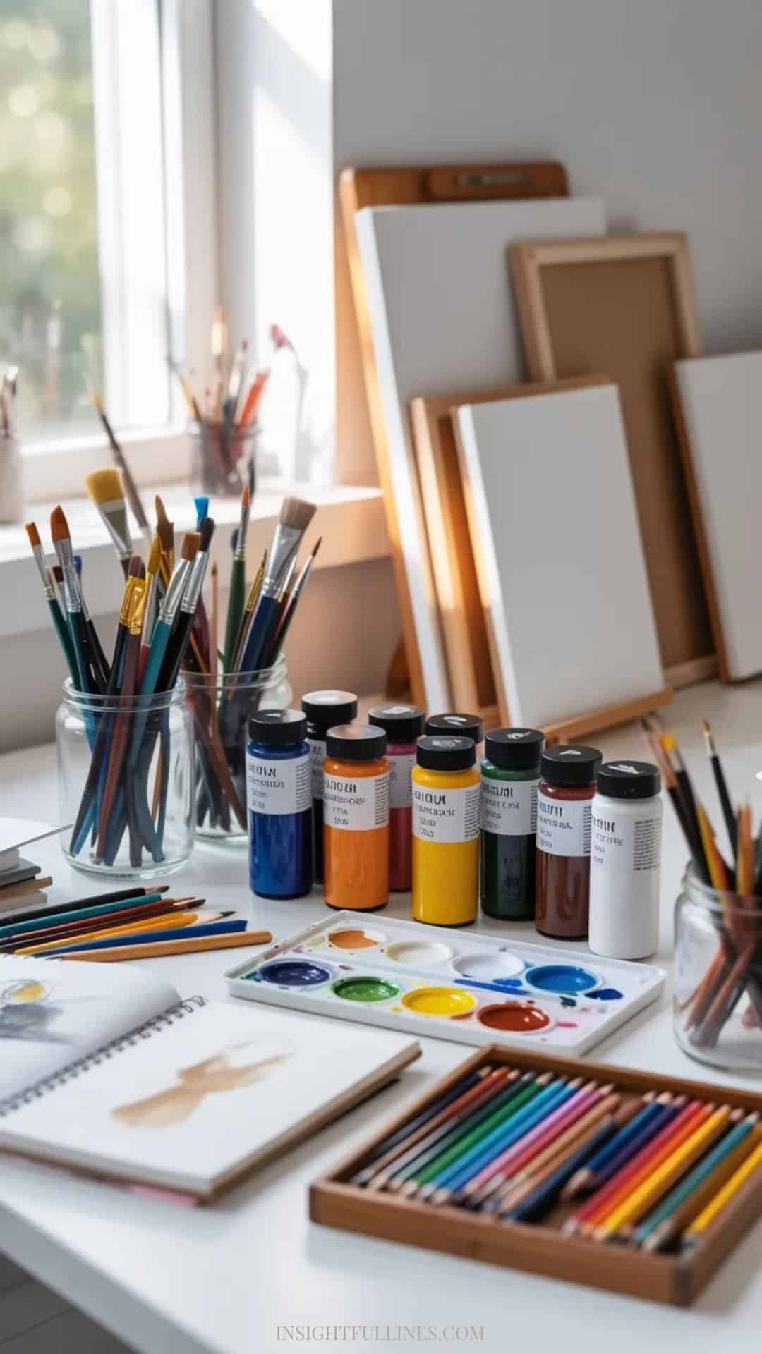 Bright art workspace featuring acrylic paints, watercolors, paint brushes in jars, sketchbooks, pencils, markers, and canvas panels on a clean desk.