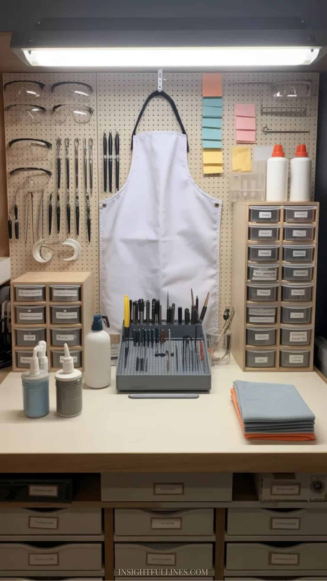Clean craft workspace with cleaning wipes, microfiber cloths, apron, safety glasses, labeled containers, and a portable tool organizer caddy.
