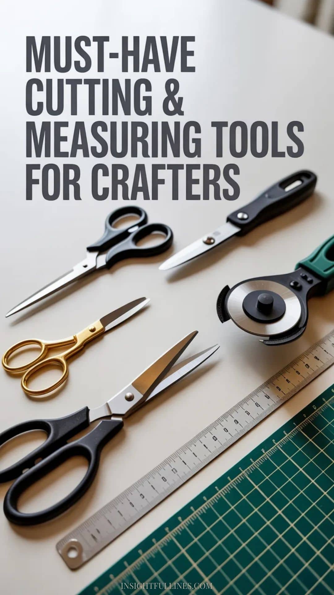 Neatly arranged cutting and measuring tools on a craft desk, including fabric scissors, rotary cutter, cutting mat, metal ruler, measuring tape, and craft knife.
