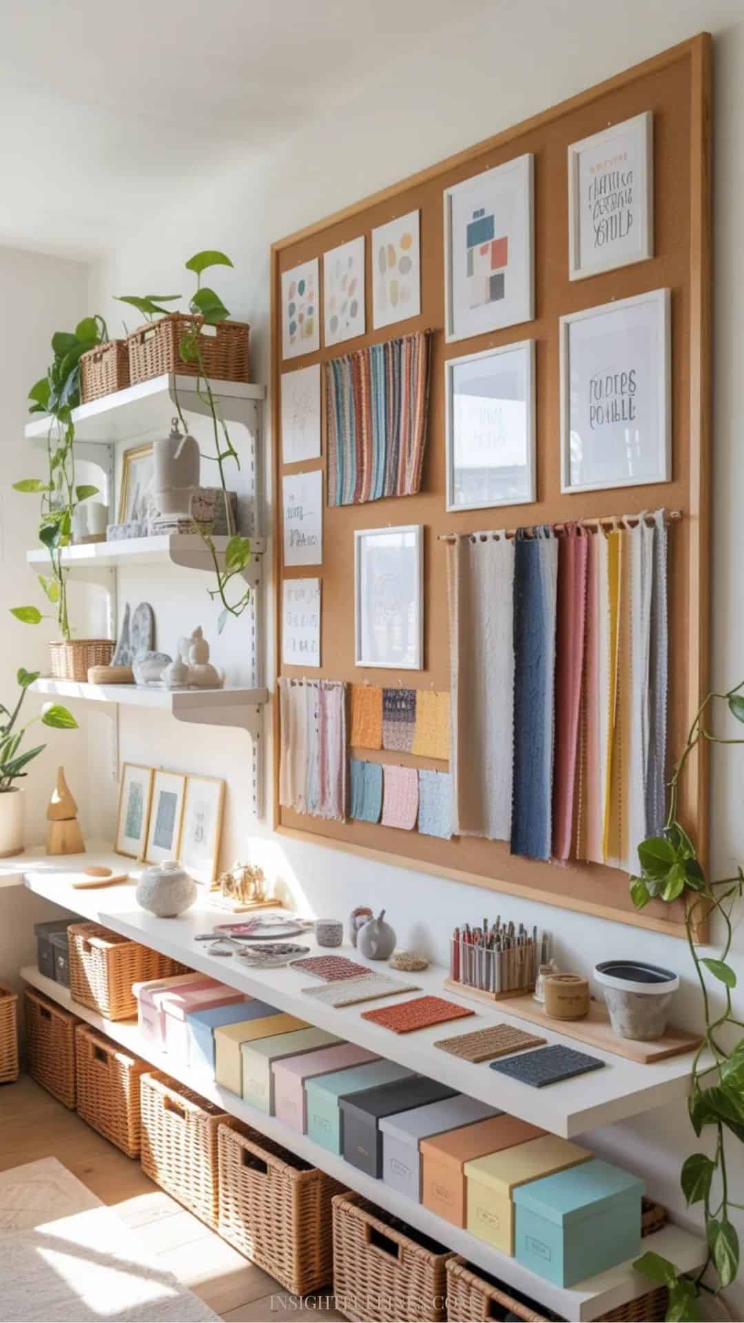 Inspiring craft room wall with a corkboard, framed quotes, plants, decorative storage boxes, and finished craft projects displayed on shelves.