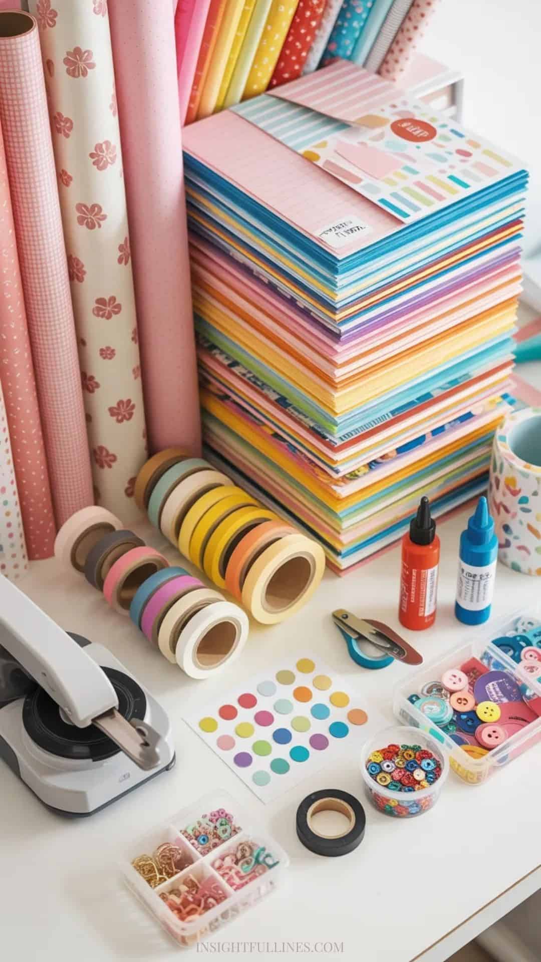 Paper crafting desk with stacks of cardstock, patterned scrapbook paper, washi tape rolls, paper trimmer, glue, foam adhesive dots, and embellishments neatly organized.