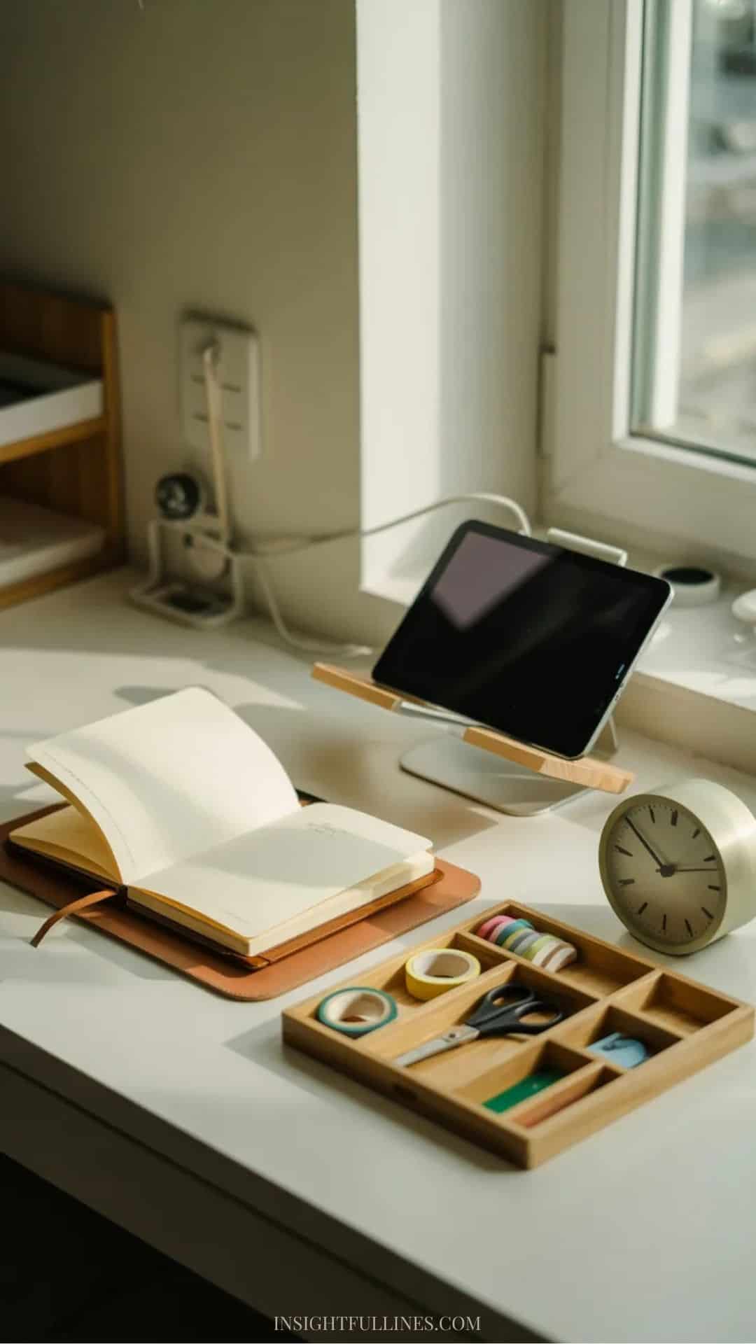 Organized craft desk with a notebook for ideas, tablet on a stand, charging station, clock, and a project tray holding an active craft project.