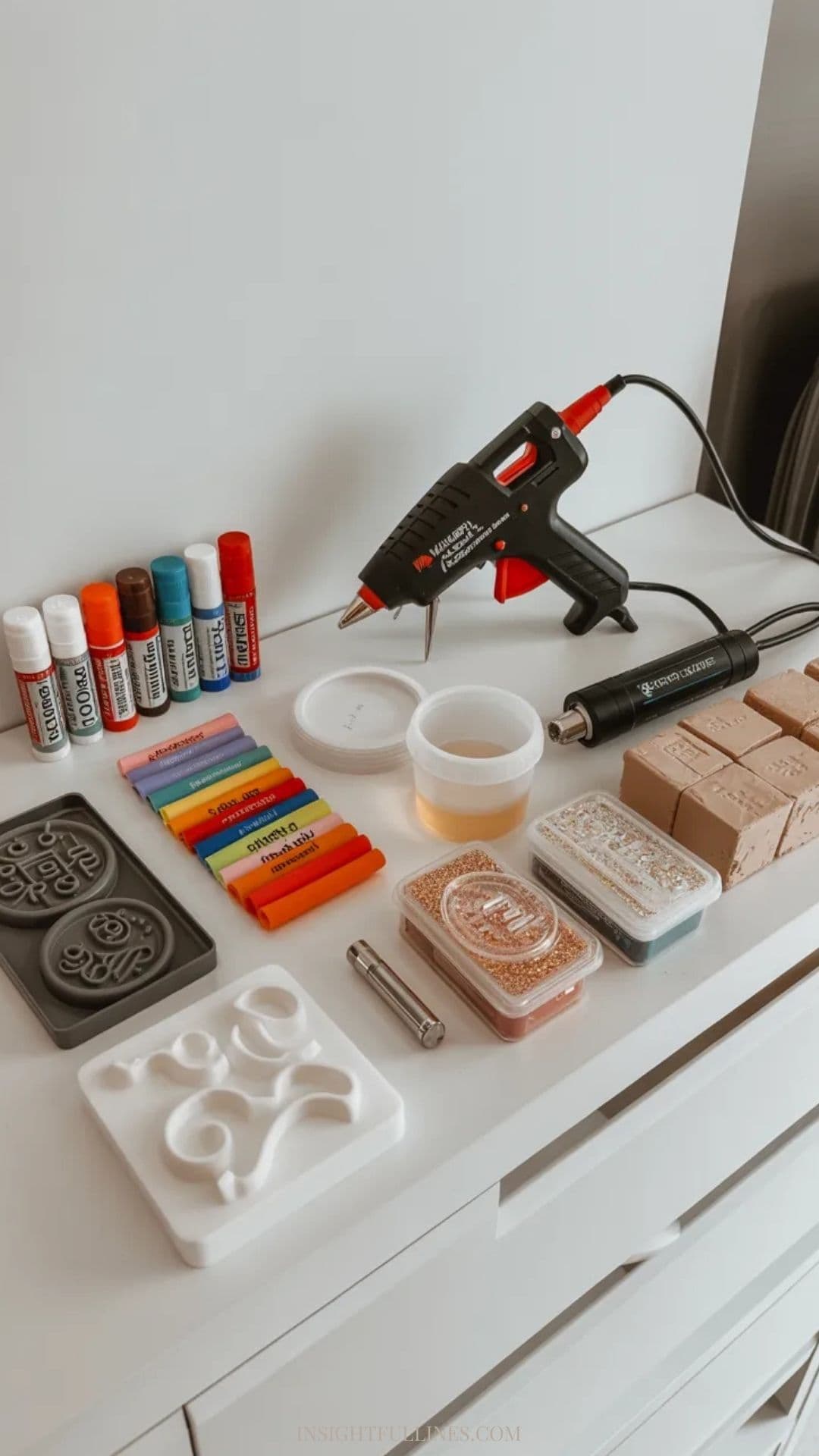 Craft workspace displaying a hot glue gun, glue sticks, resin molds, silicone mixing cups, air-dry clay, embossing powders, and a heat tool arranged neatly.