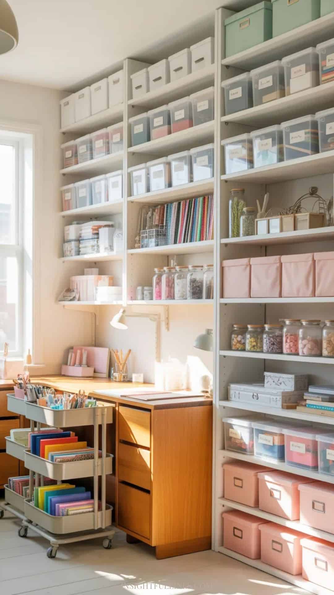Bright craft room with open shelves holding clear storage bins, labeled boxes, fabric cubes, jars of supplies, and a rolling storage cart beside a wooden craft desk.