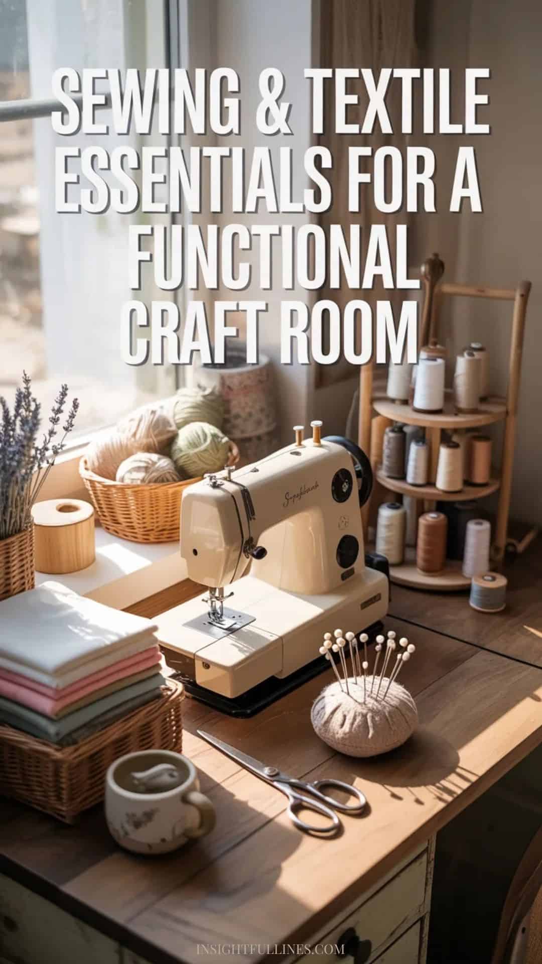 Cozy sewing workspace with a sewing machine, folded fabric, yarn in baskets, thread spools, pins, scissors, and an iron arranged on a craft table.