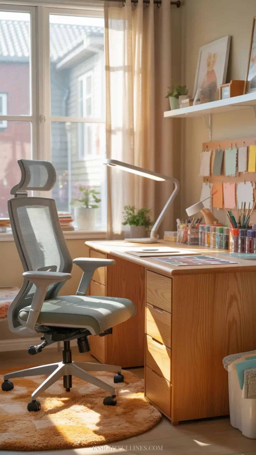 Comfortable craft room setup with a sturdy desk, ergonomic chair, desk lamp, anti-fatigue mat, and organized workspace positioned near a window.