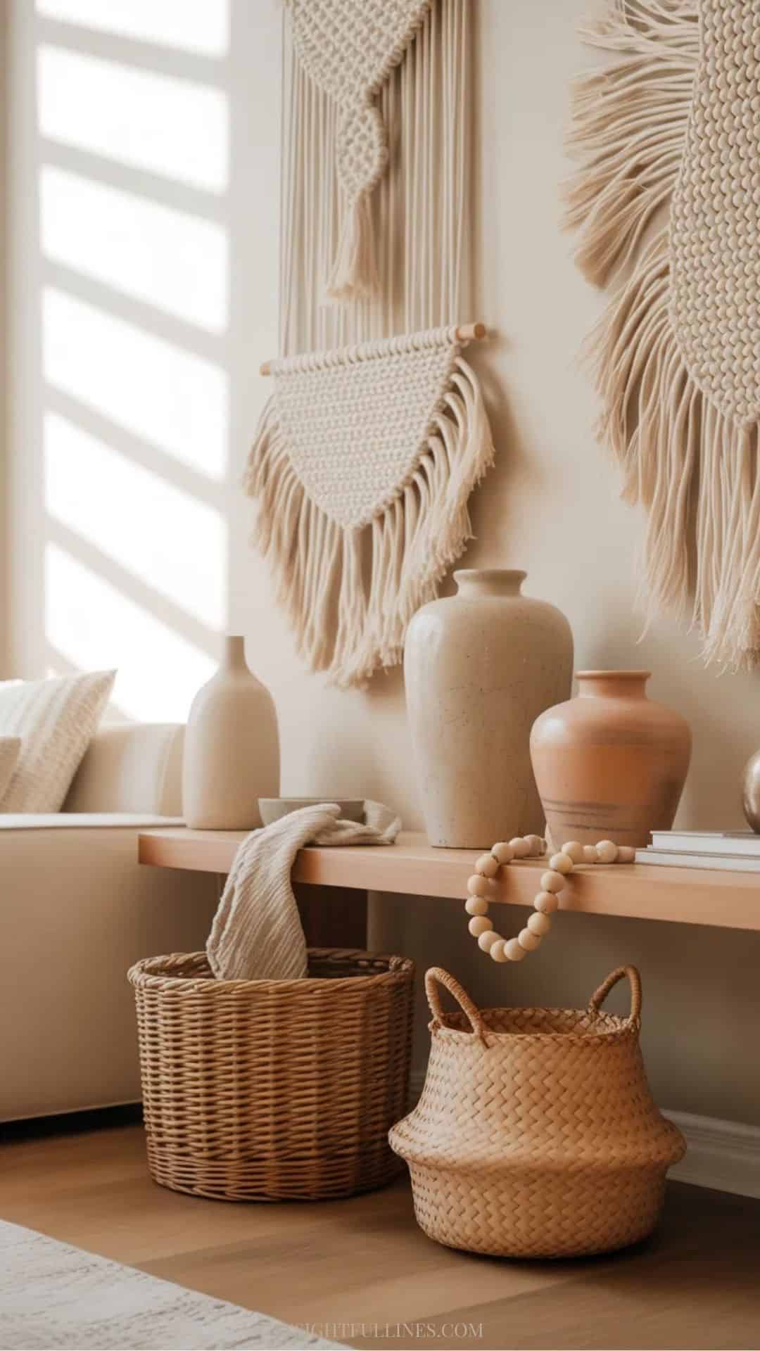 Neutral handmade home decor including macramé wall hangings, ceramic vases, and wood shelves in a bright living room.