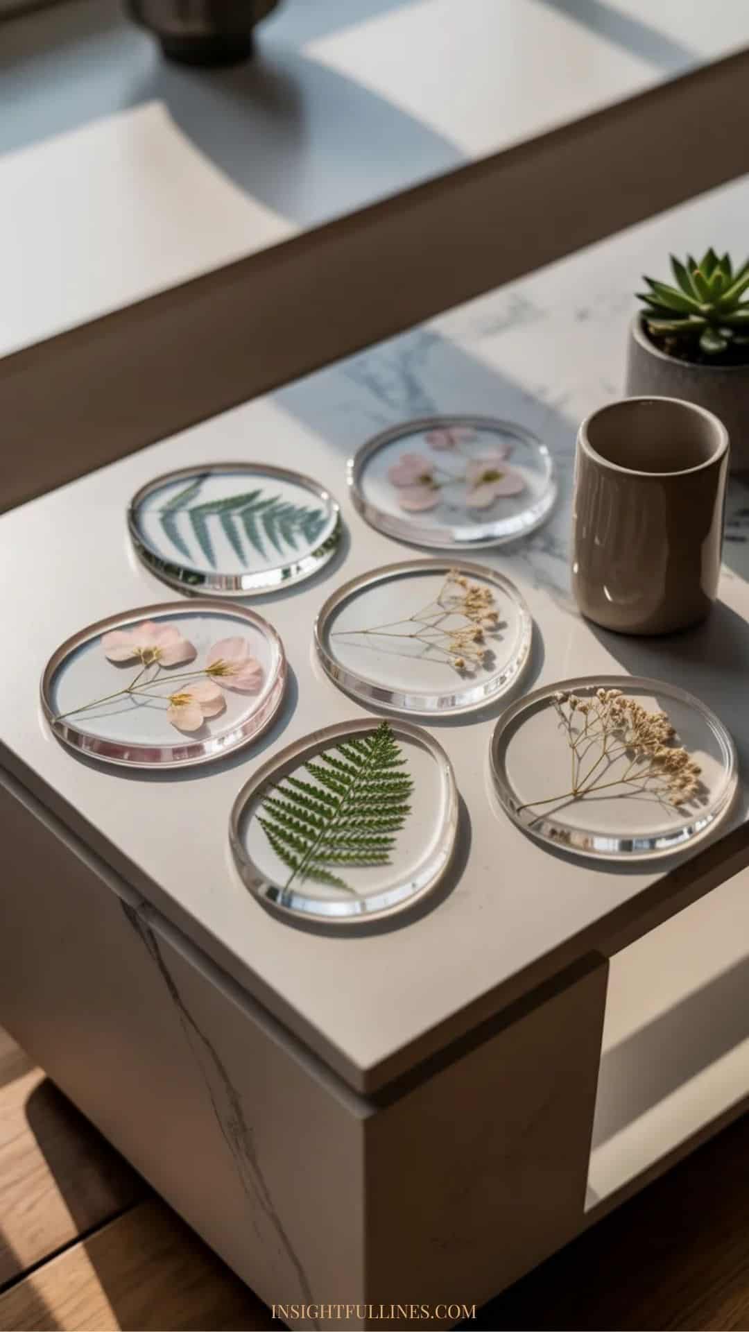 handmade resin coaster with the botanical feel of pressed flowers