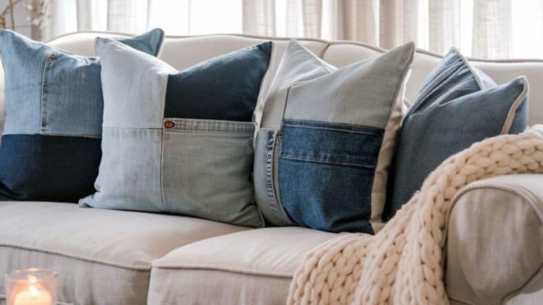 light colored lounge with denim throw pillows