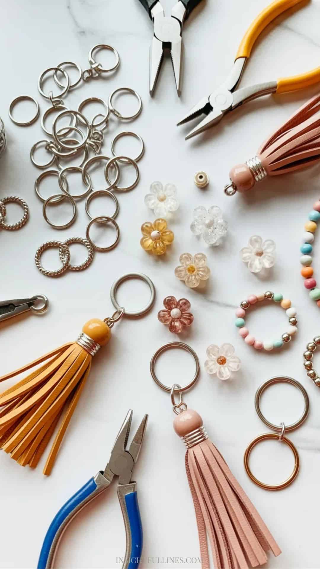 Materials needed to make handmade keychains.