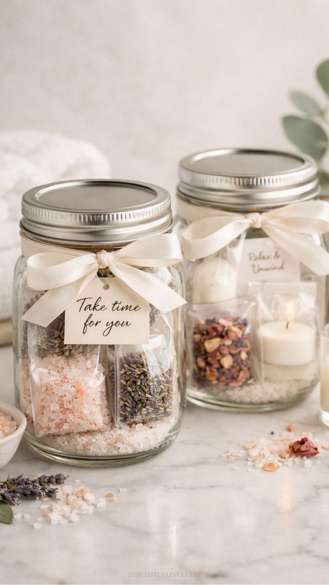 A high-end, spa-inspired lifestyle scene featuring clear glass self-care gift jars with individually packaged ingredients inside.