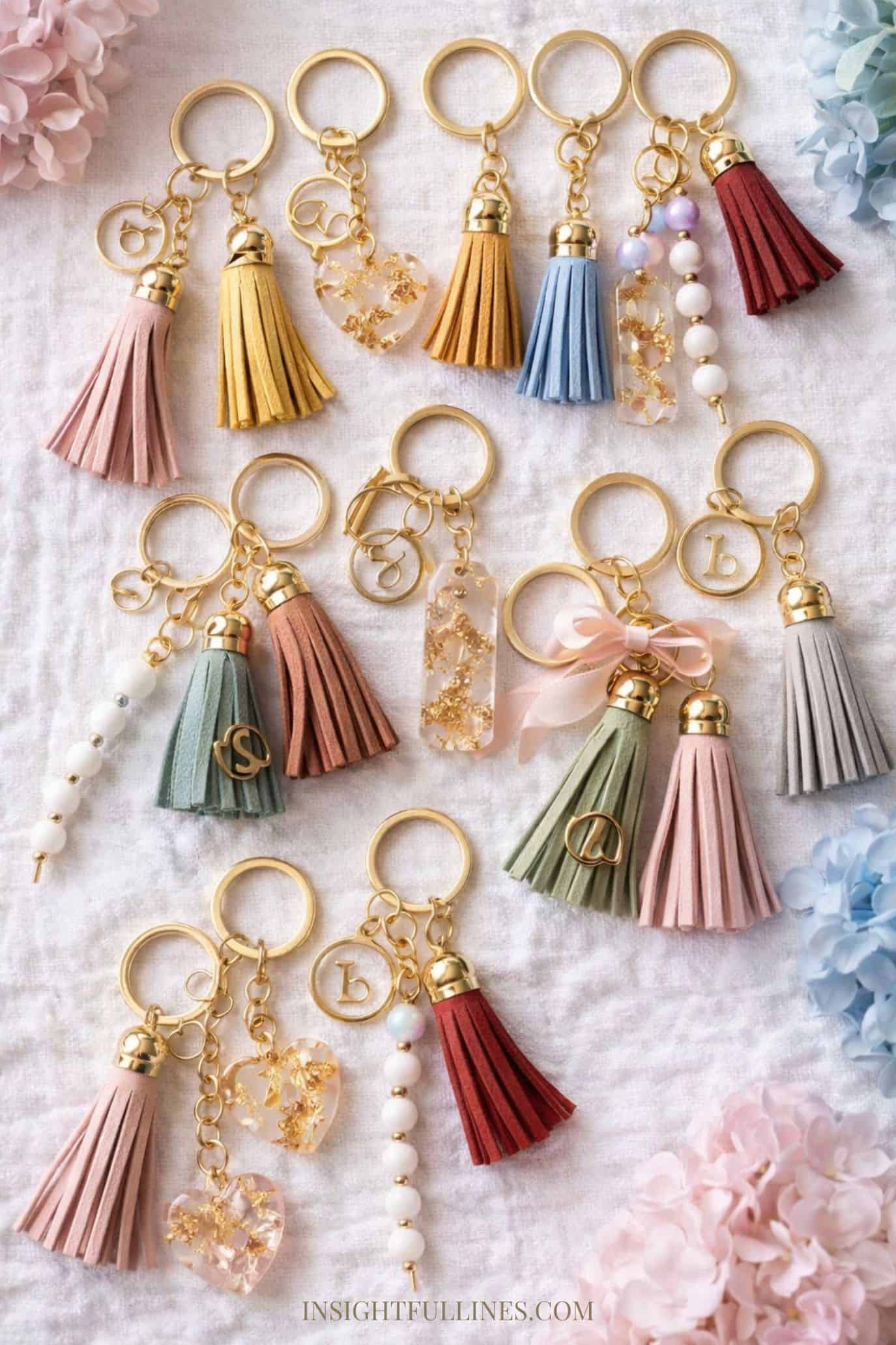 Handmade keychains in assorted colors with faux leather tassels, resin heart charms, beaded accents, and gold hardware arranged on a soft fabric background.