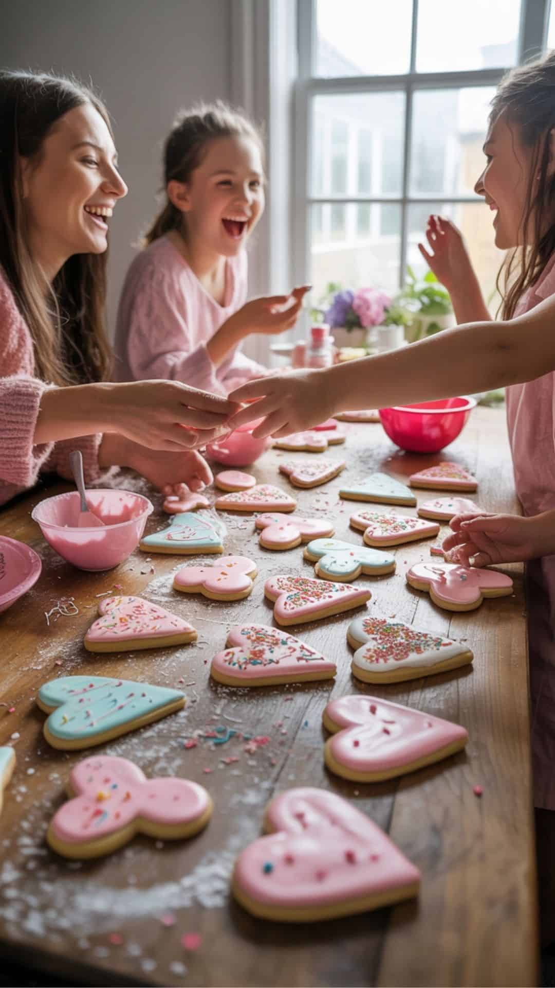 galentines decorate heart cookies