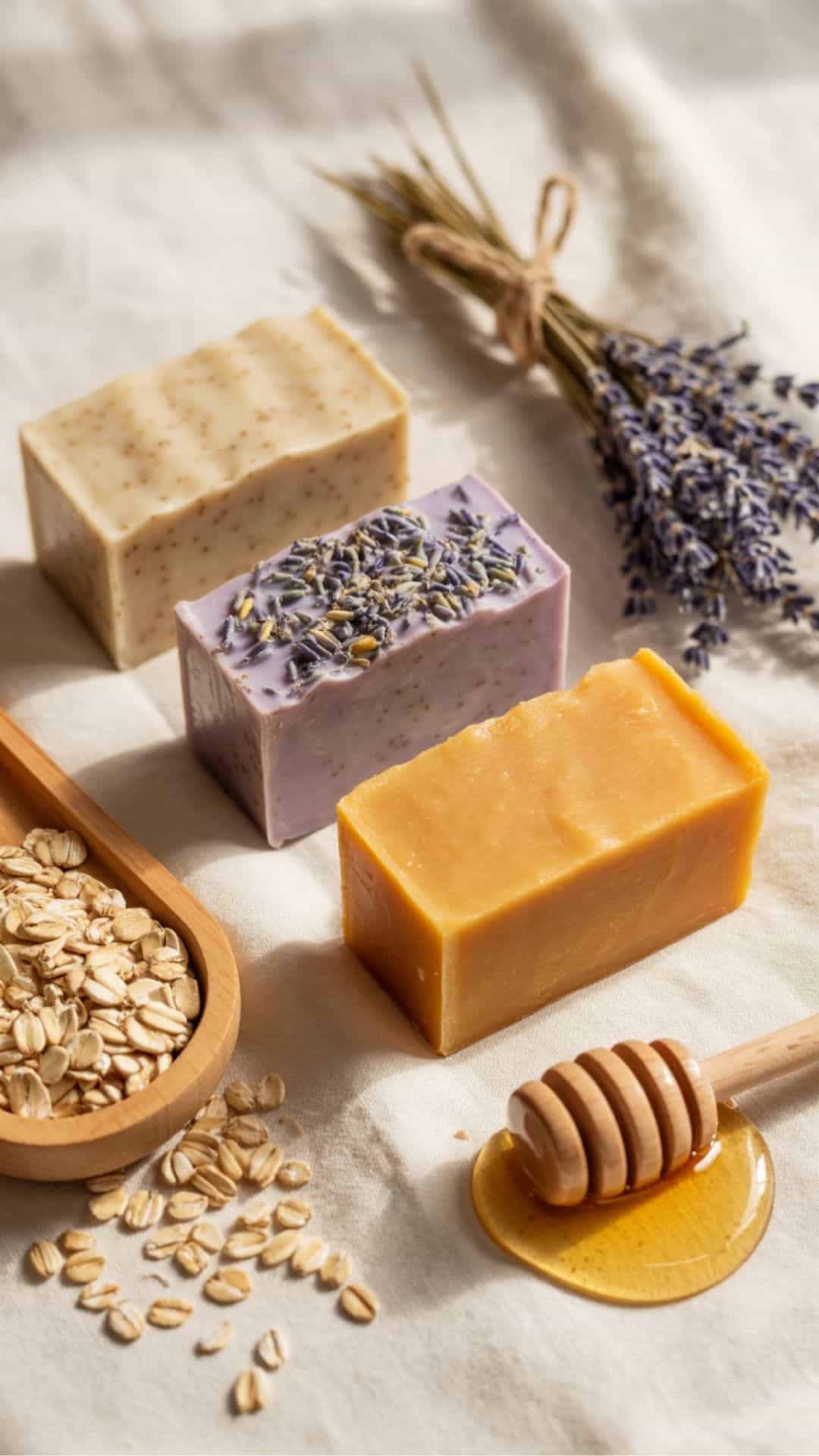 collection of goat’s milk soap variations: oatmeal soap, lavender soap, and honey soap displayed on a neutral surface with matching natural accents like oats, dried lavender, and honey dipper