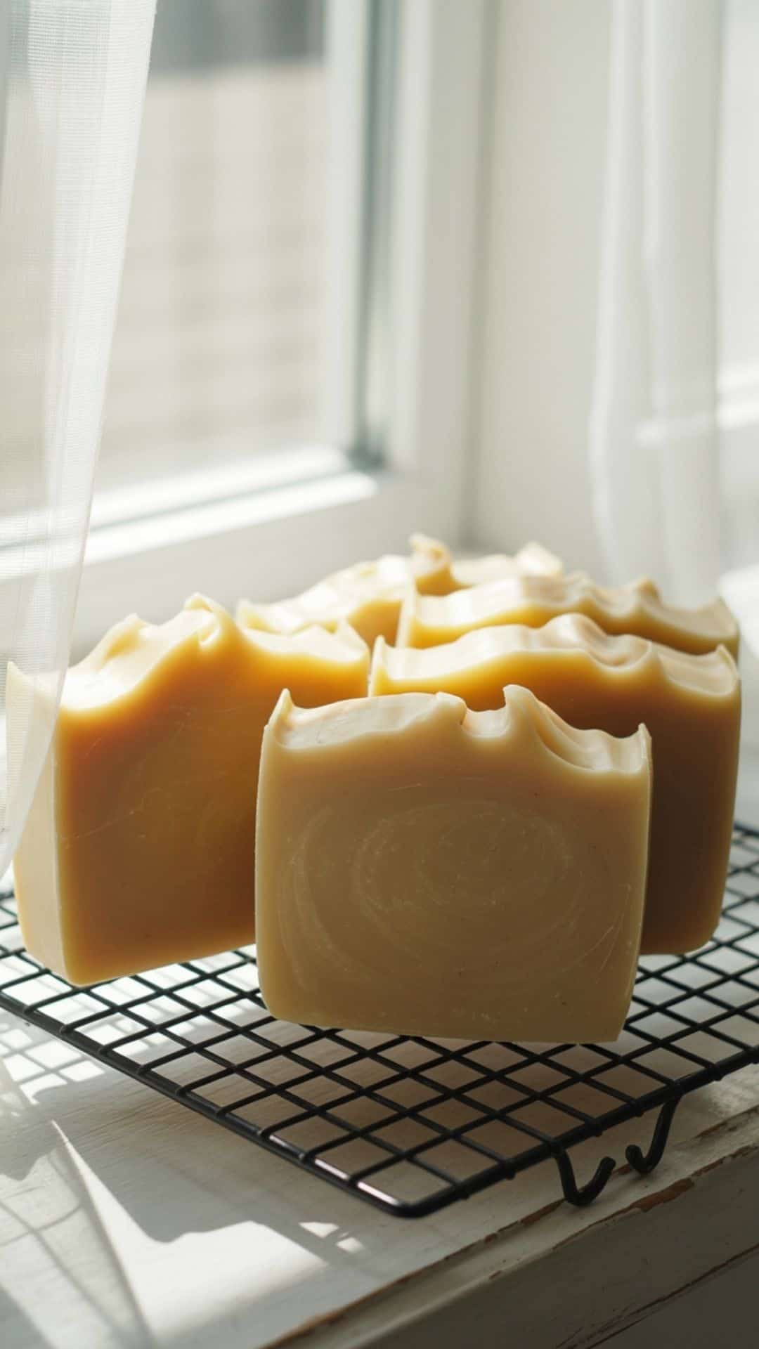 goat’s milk soap bars cooling on a wire rack near a window