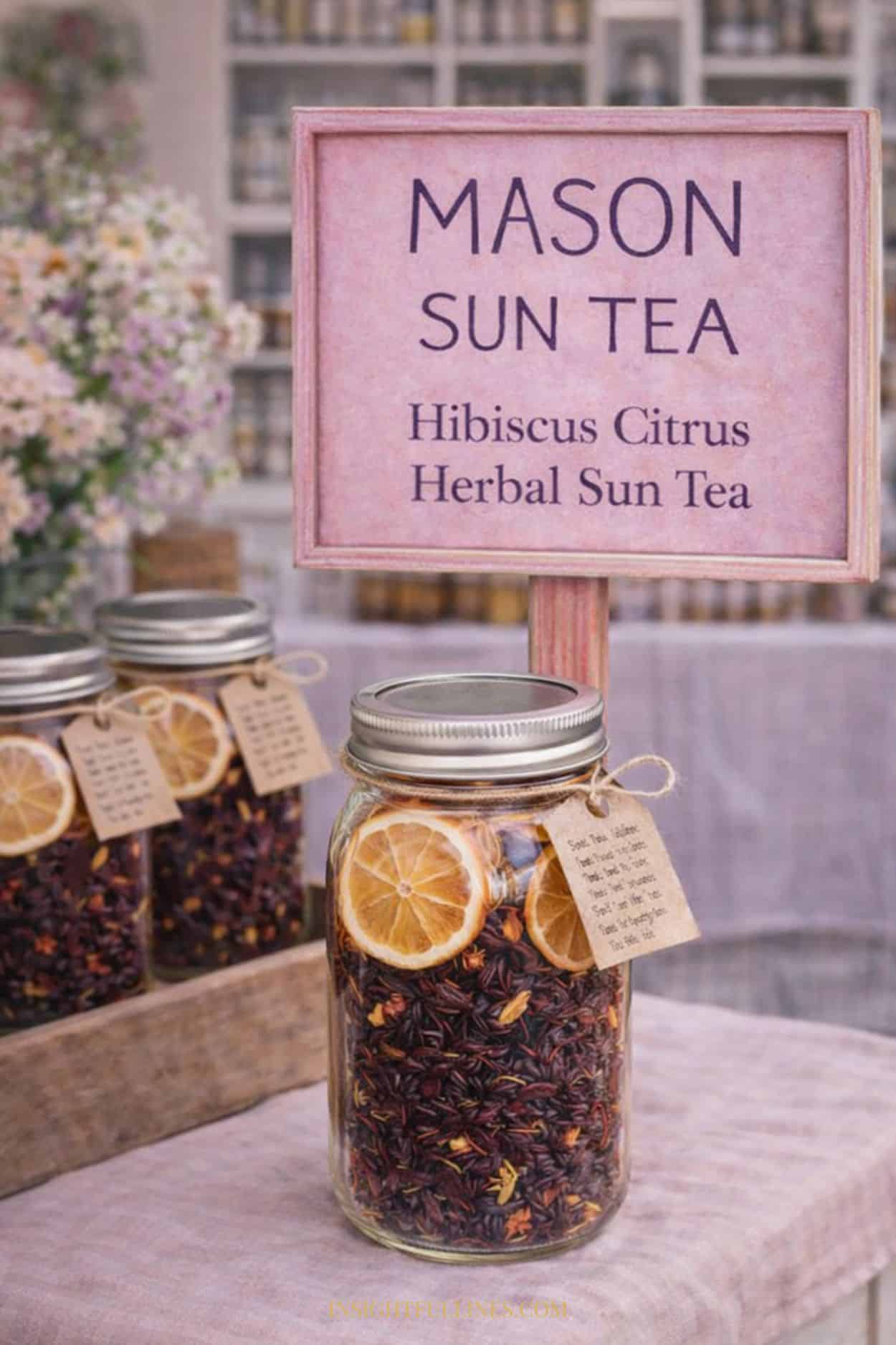 Hibiscus citrus herbal sun tea kit in a mason jar displayed at a pastel-colored market table with a pink Mason Sun Tea sign.