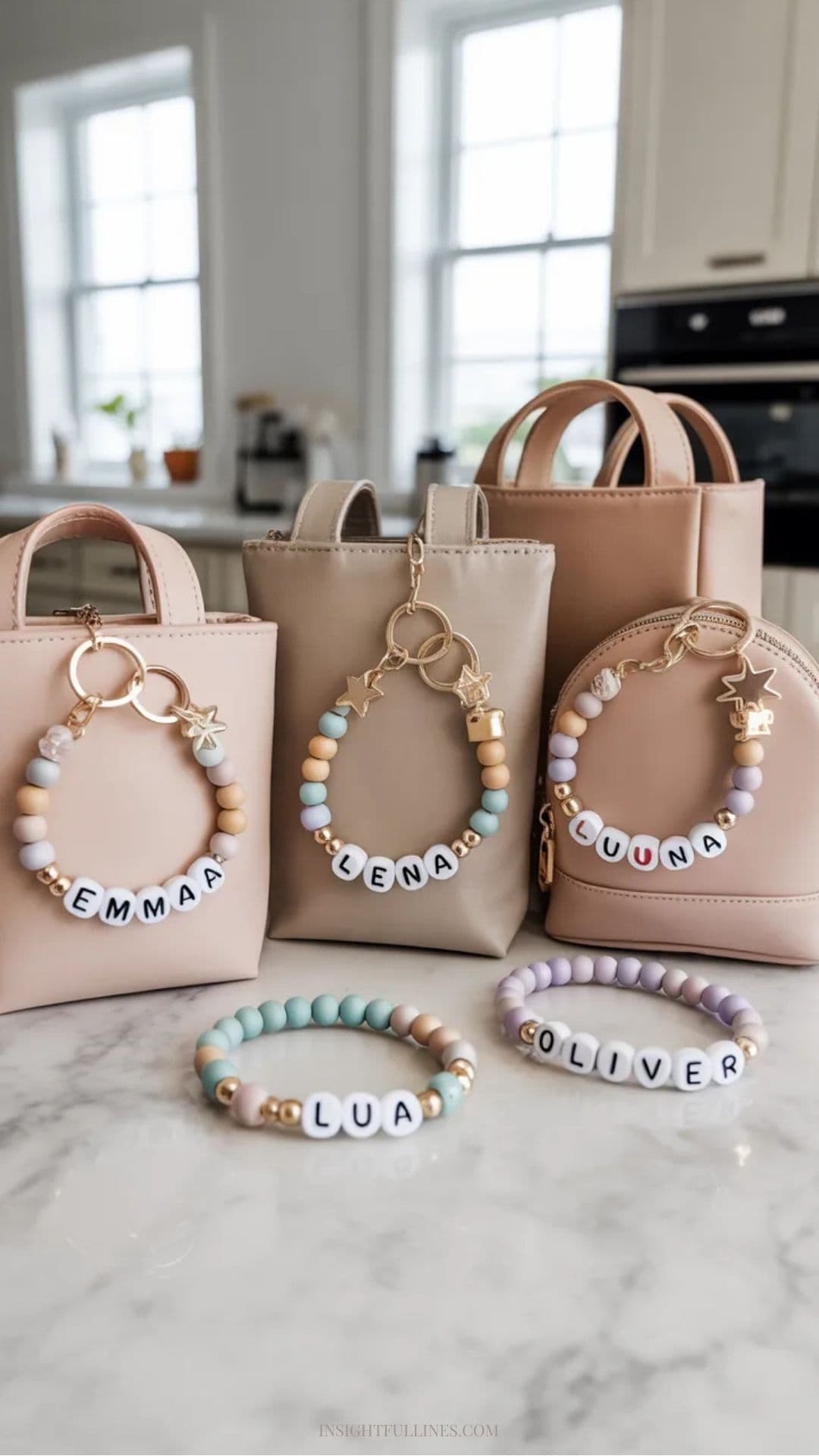 beaded keychains and bag charms with names spelled out clearly using letter beads