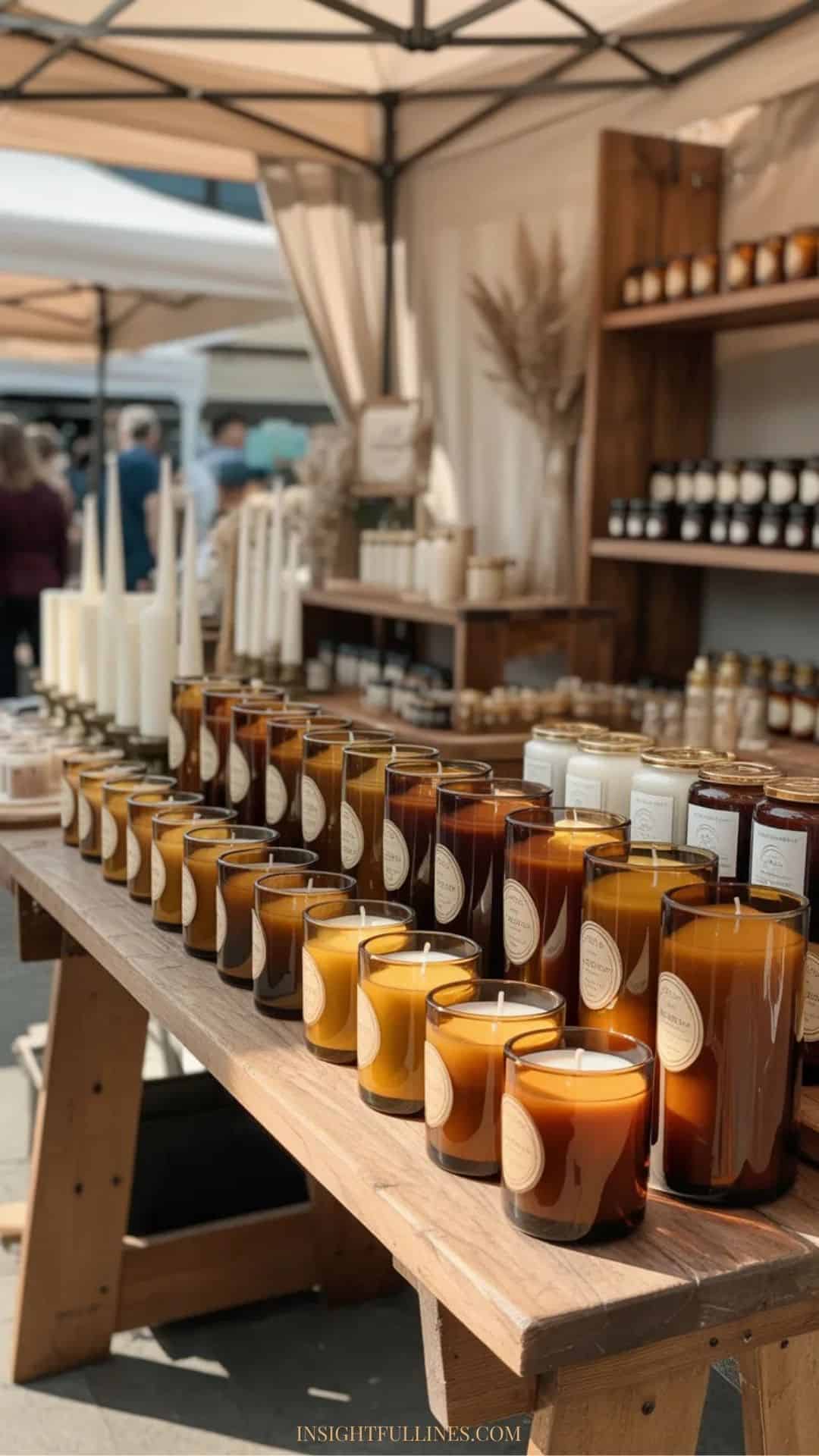 Amber glass candles lined up on a wooden table with shelves display at a craft market elegant like a boutique display.
