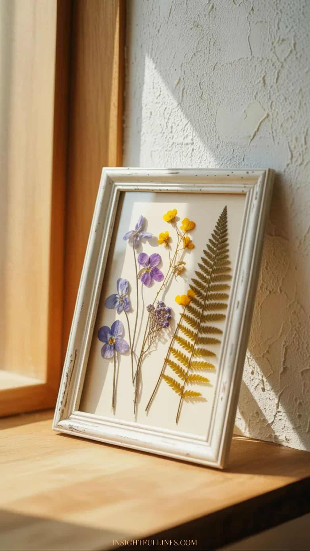 Delicate flowers arranged in a simple white frame, leaning against a wall in soft daylight.
