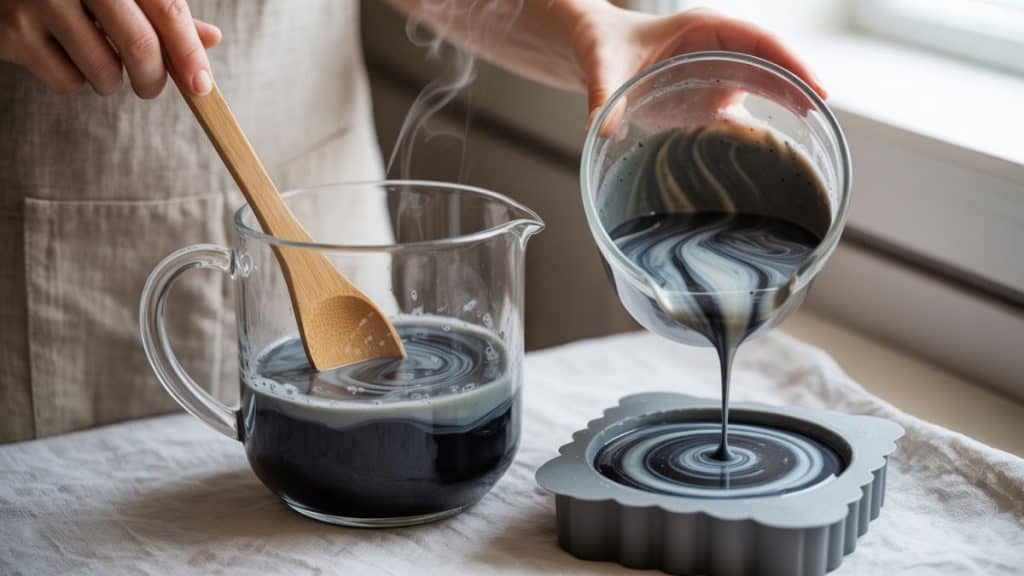 charcoal melt and pour process in action. A heat-safe jug of melted soap is being gently stirred with a wooden spoon as activated charcoal blends smoothly into the mixture
