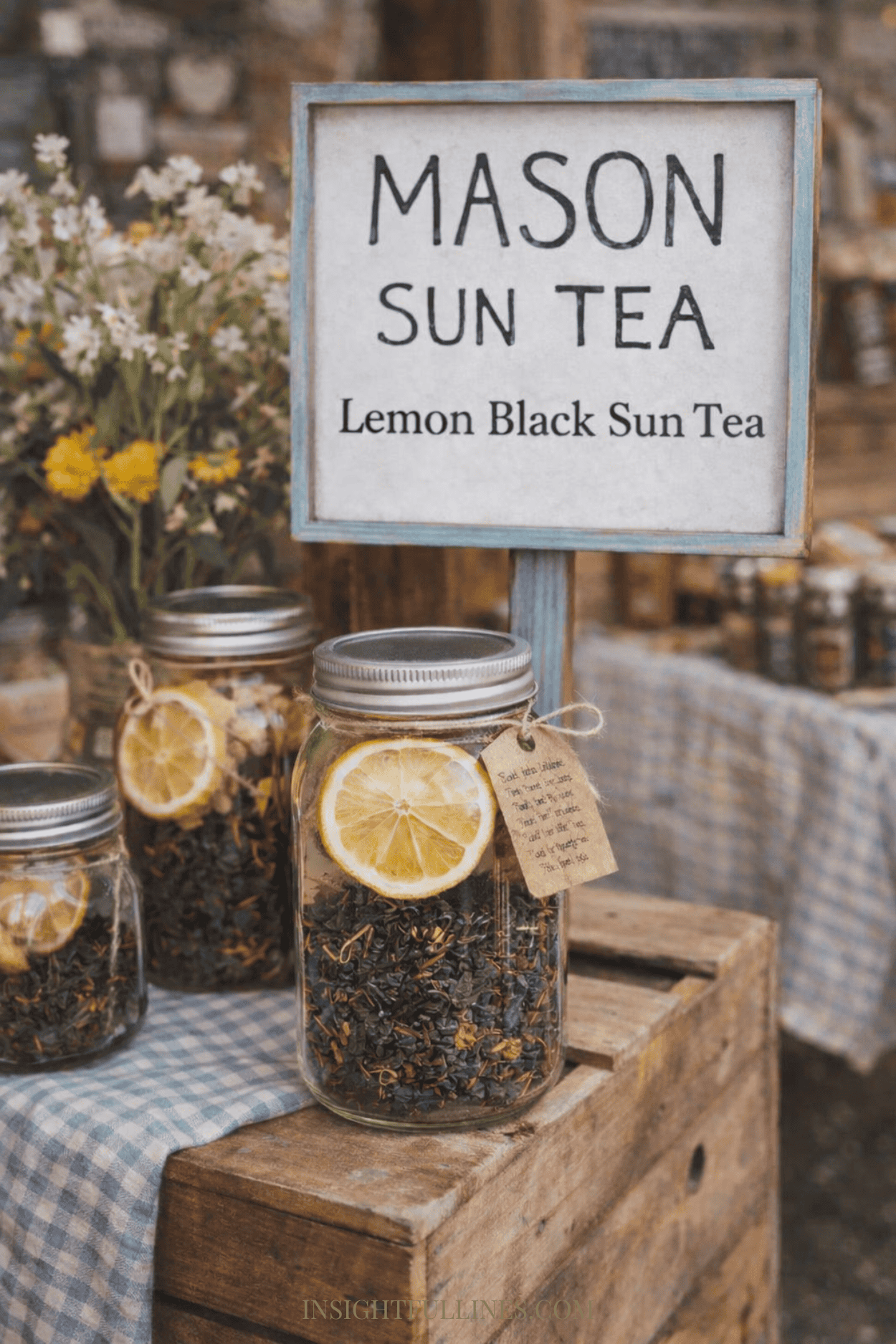 Mason jar lemon black sun tea kit displayed at a rustic market stand with a sign reading Mason Sun Tea.