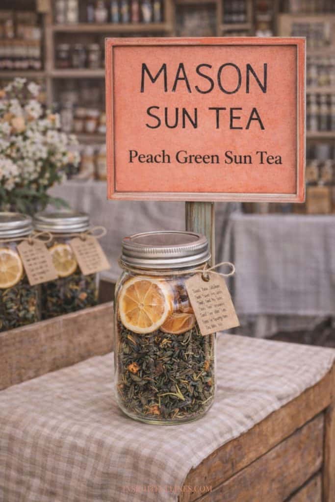 Peach green sun tea kit in a mason jar displayed on a market table with shelves and a coral Mason Sun Tea sign.