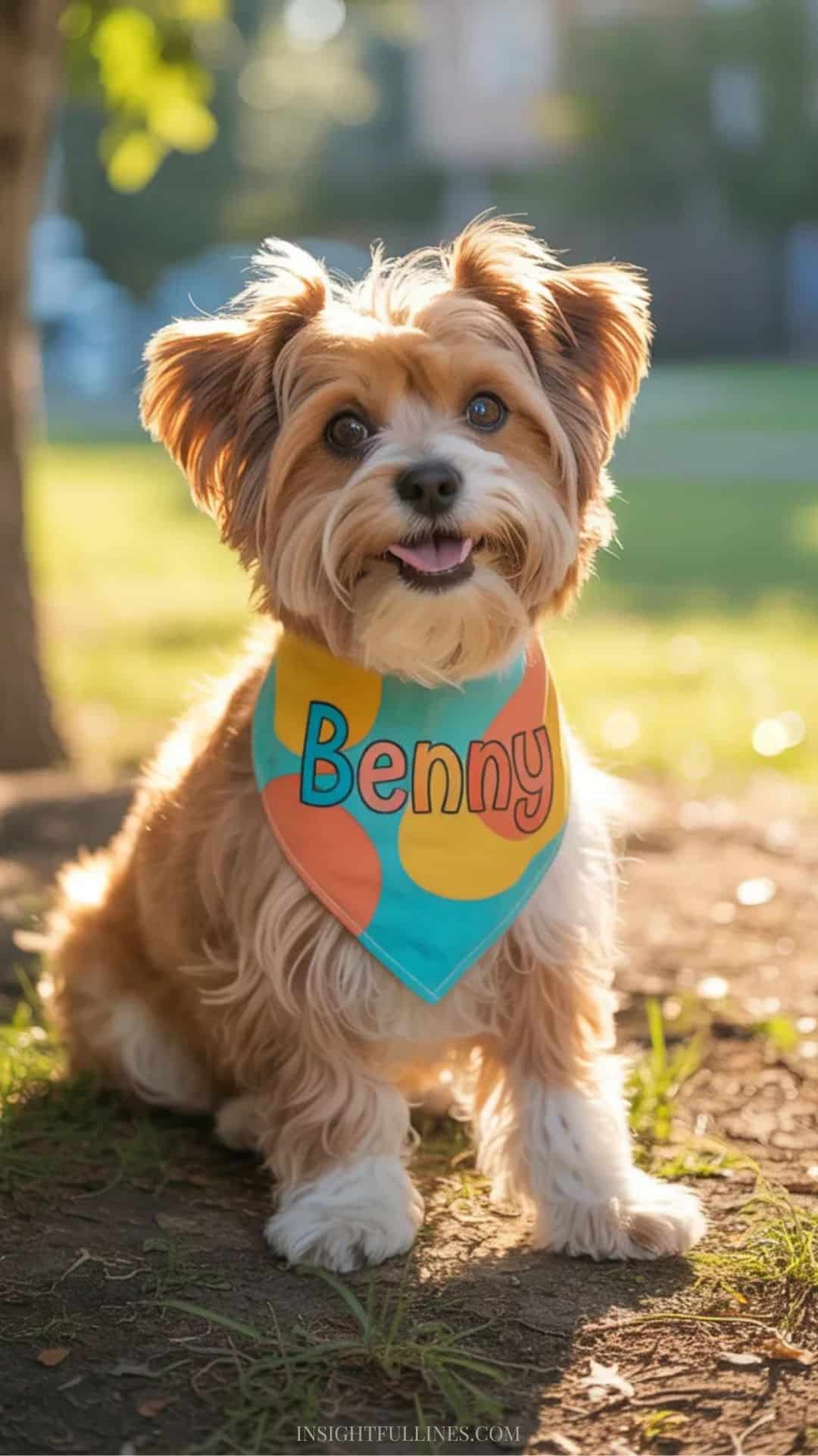 colorful personalized dog bandana worn by a happy small dog