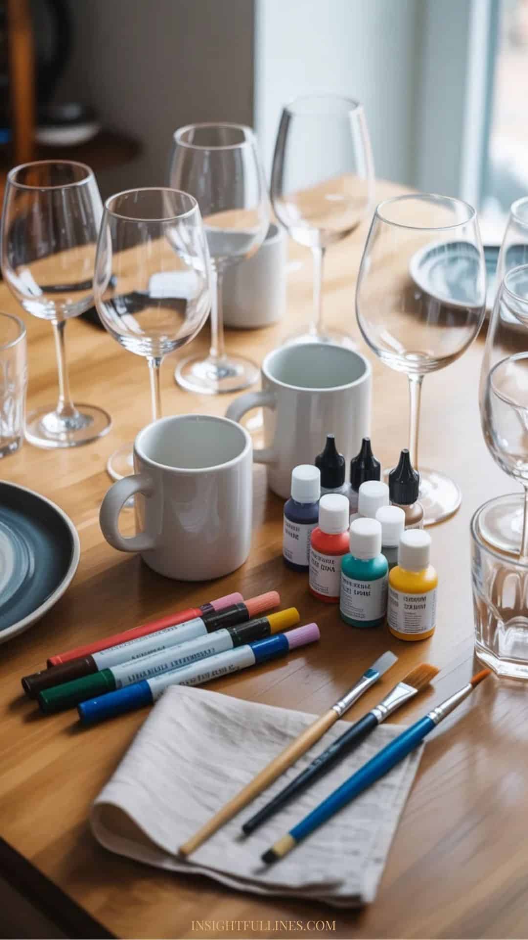 workspace scene showing glassware, paint pens, and cleaning cloths