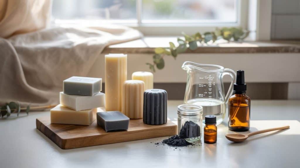soap-making workspace with essential supplies for charcoal melt and pour soap