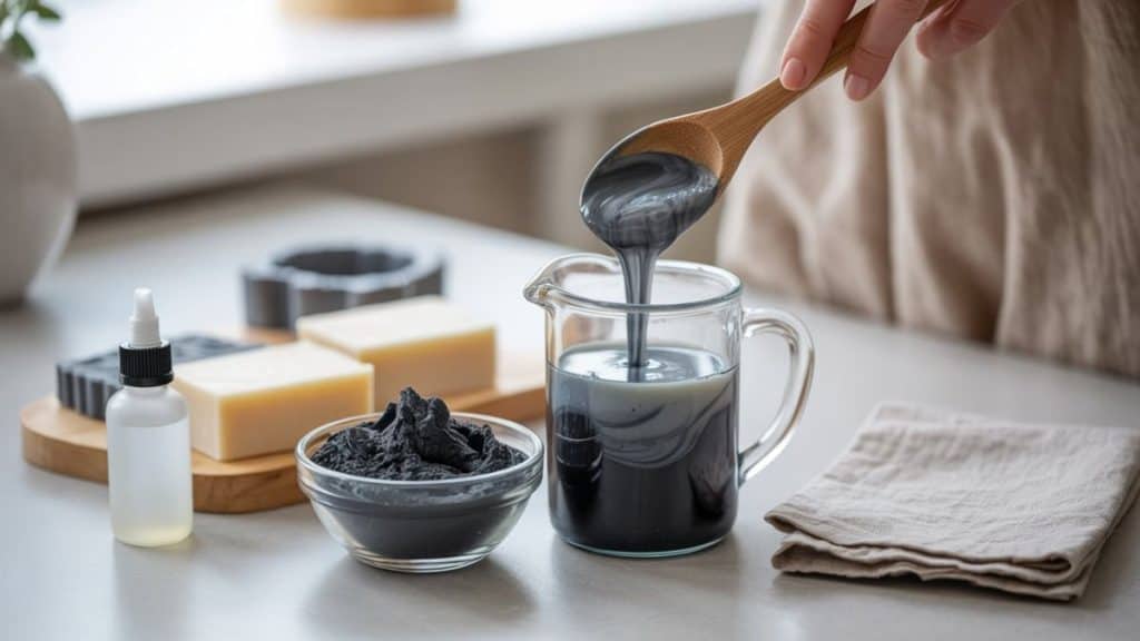 activated charcoal being used in handmade soap making. A small glass bowl of fine black activated charcoal powder sits beside melted melt and pour soap in a heat-safe jug.