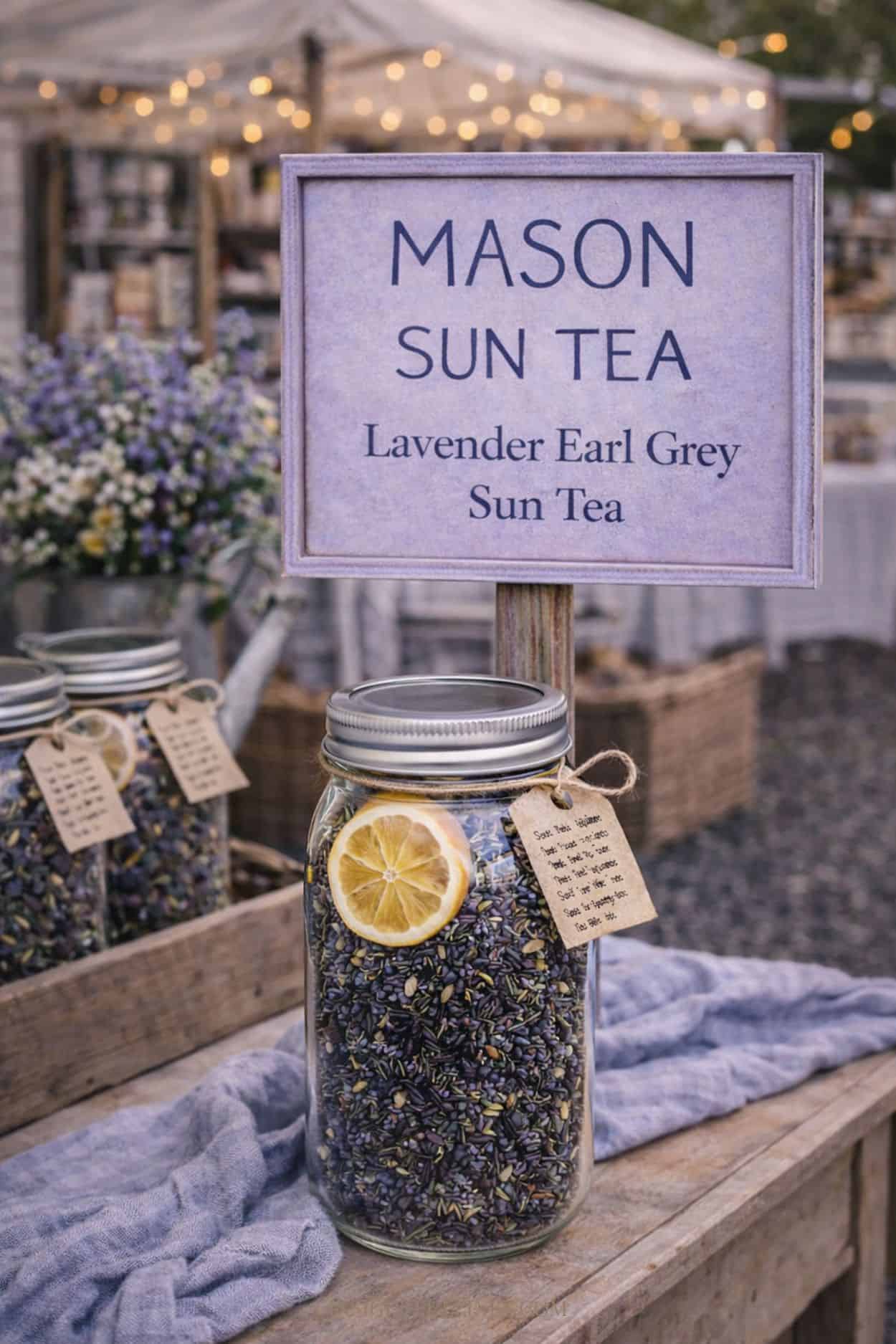 lavender earl grey sun tea kit in a mason jar displayed at an outdoor market with string lights, rustic crates, and a lavender mason sun tea sign.